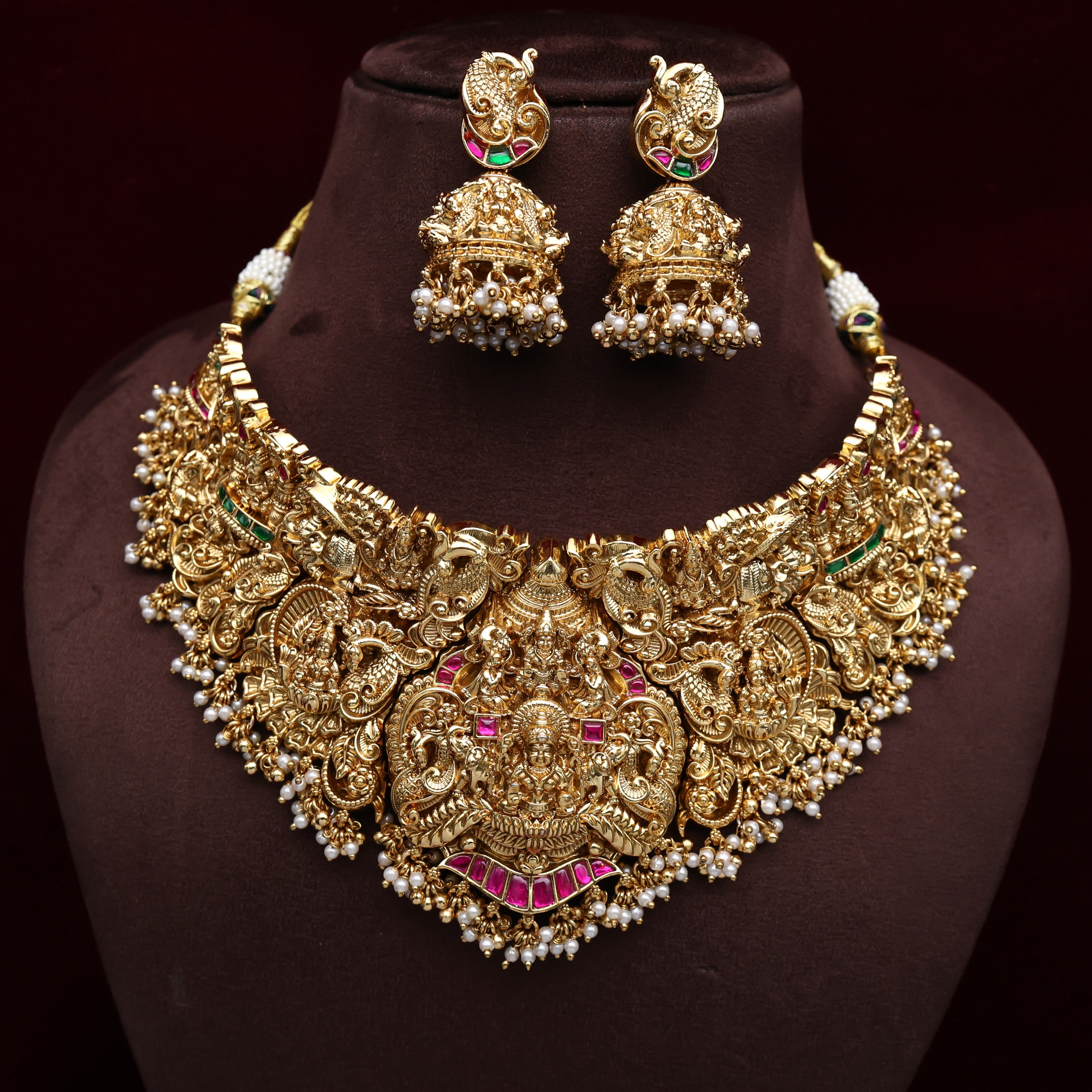 Premium Heavy Real Kemp Rice Pearls Nagasi Lakshmi Bridal Set