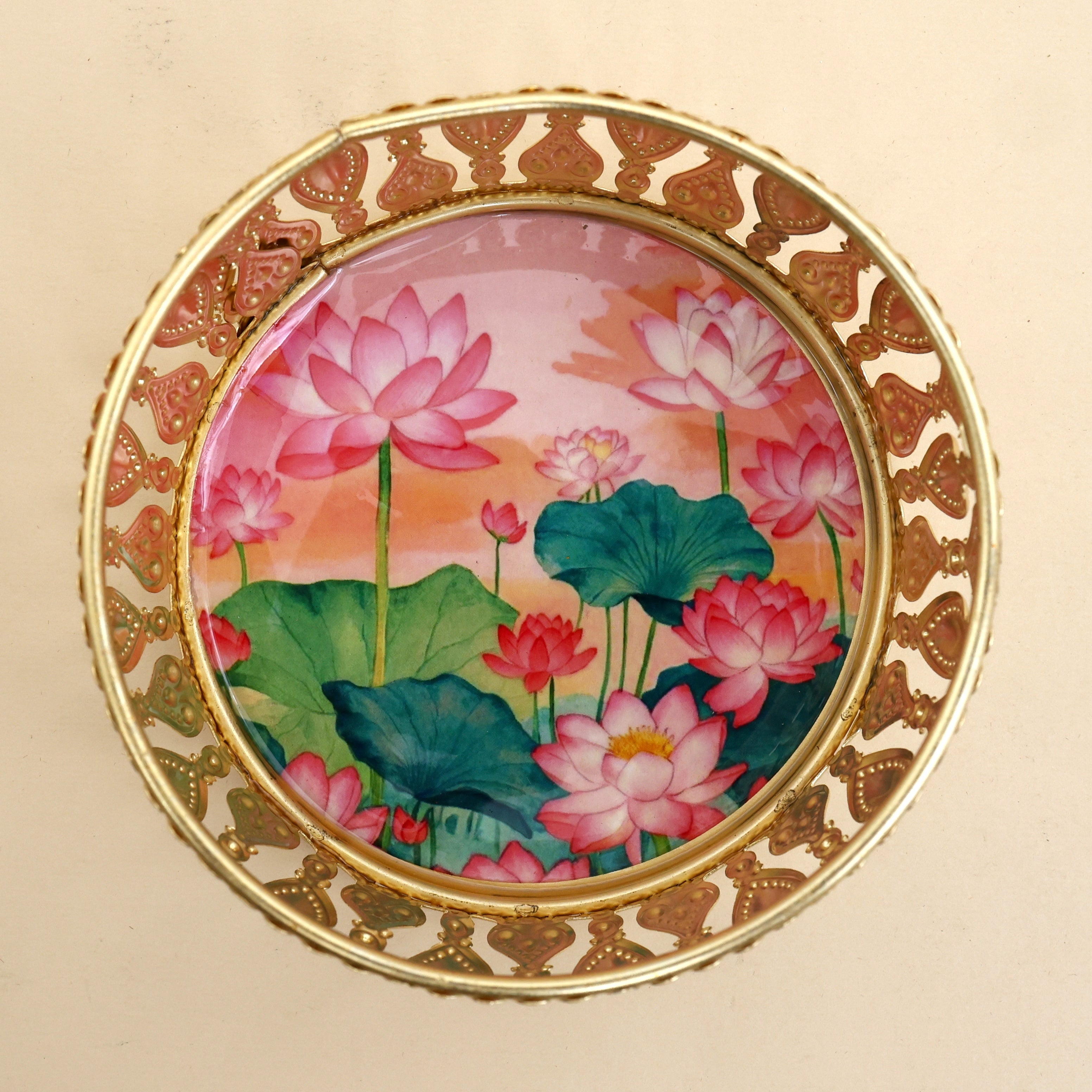 Small 4 Inches Pichwai Prints Golden Tray (Assorted Prints)