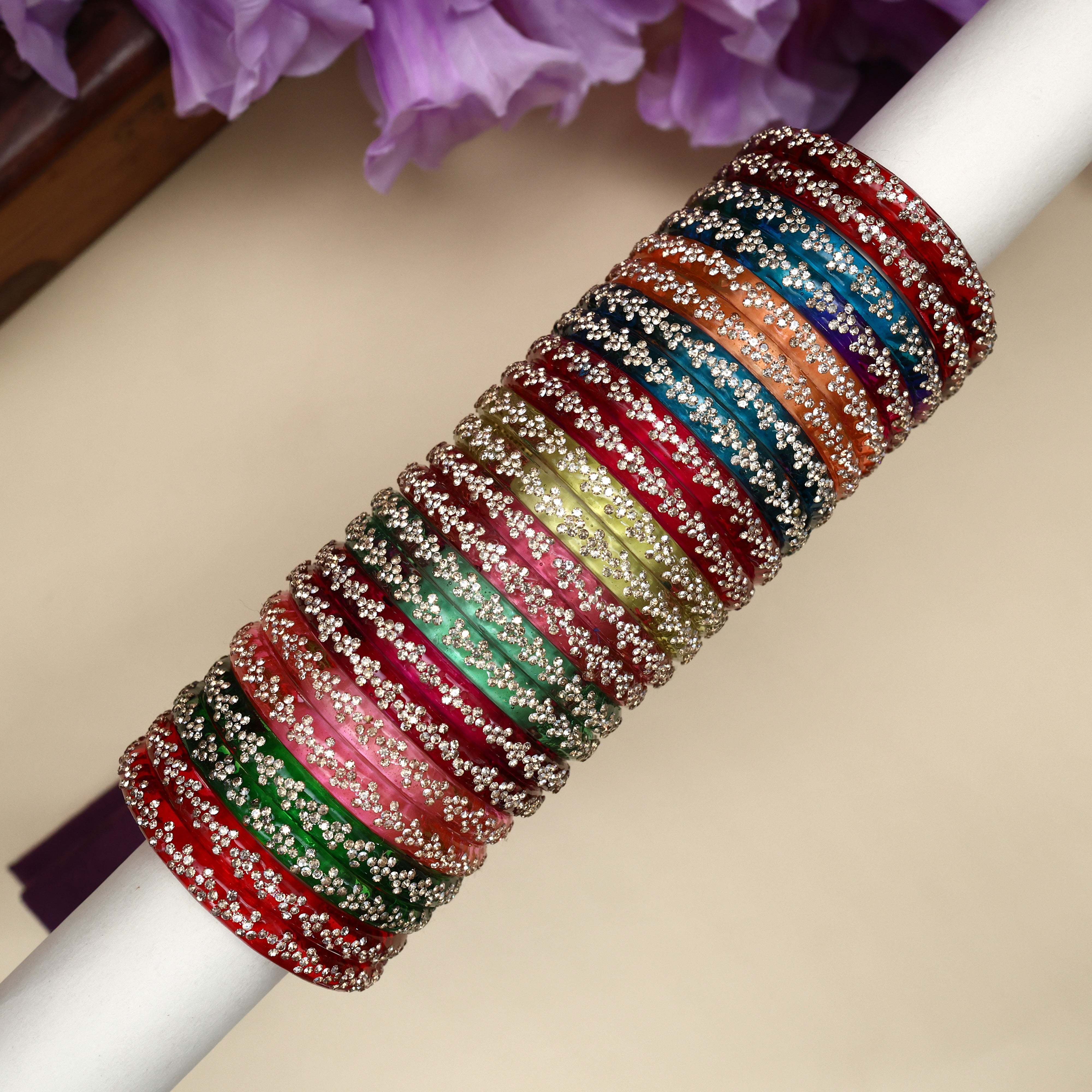 Thick Arrow Stonework Kids Glass Bangles Combo - 12 Pairs