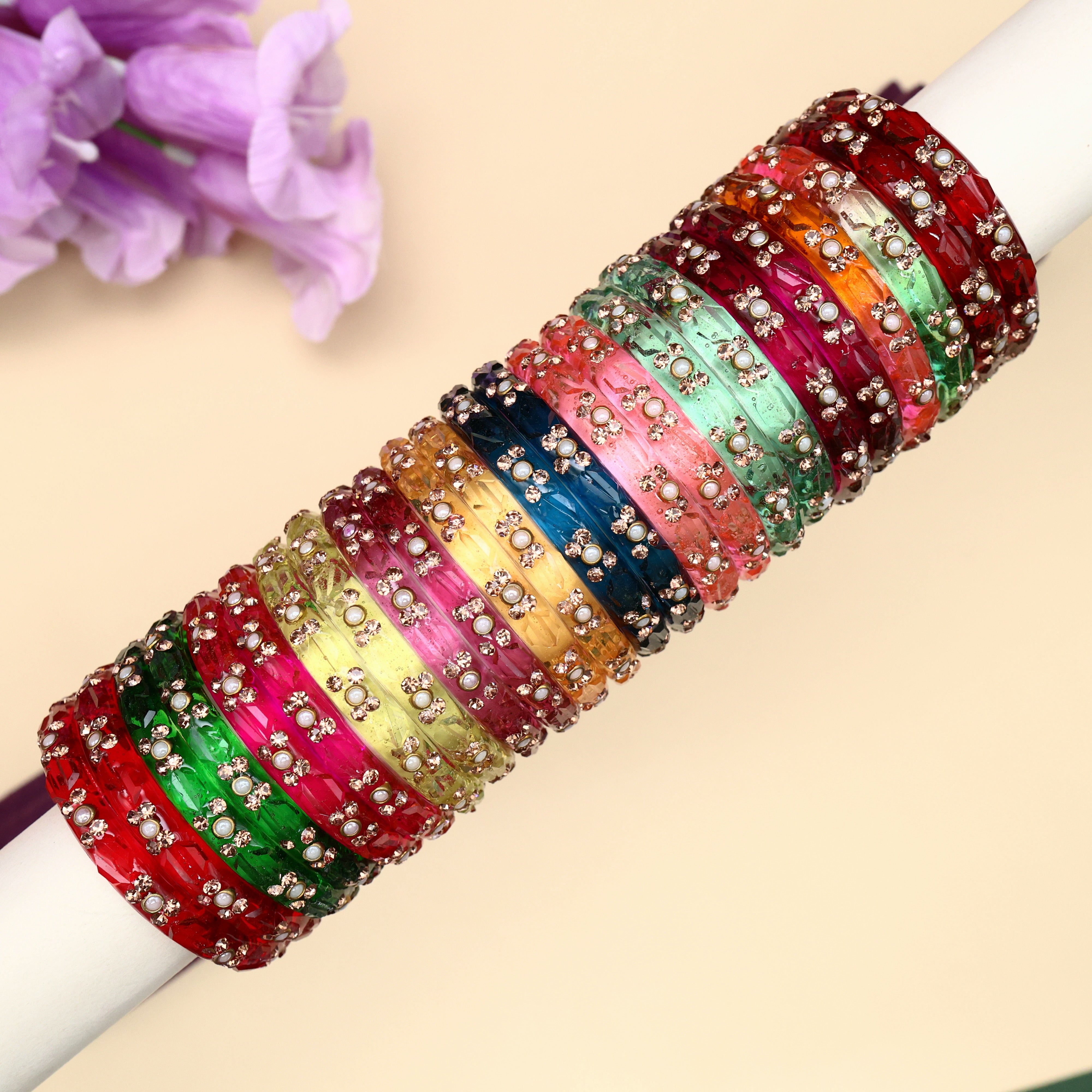 Premium Thick Pearl Stone 12 Pairs Kids Glass Bangles Combo