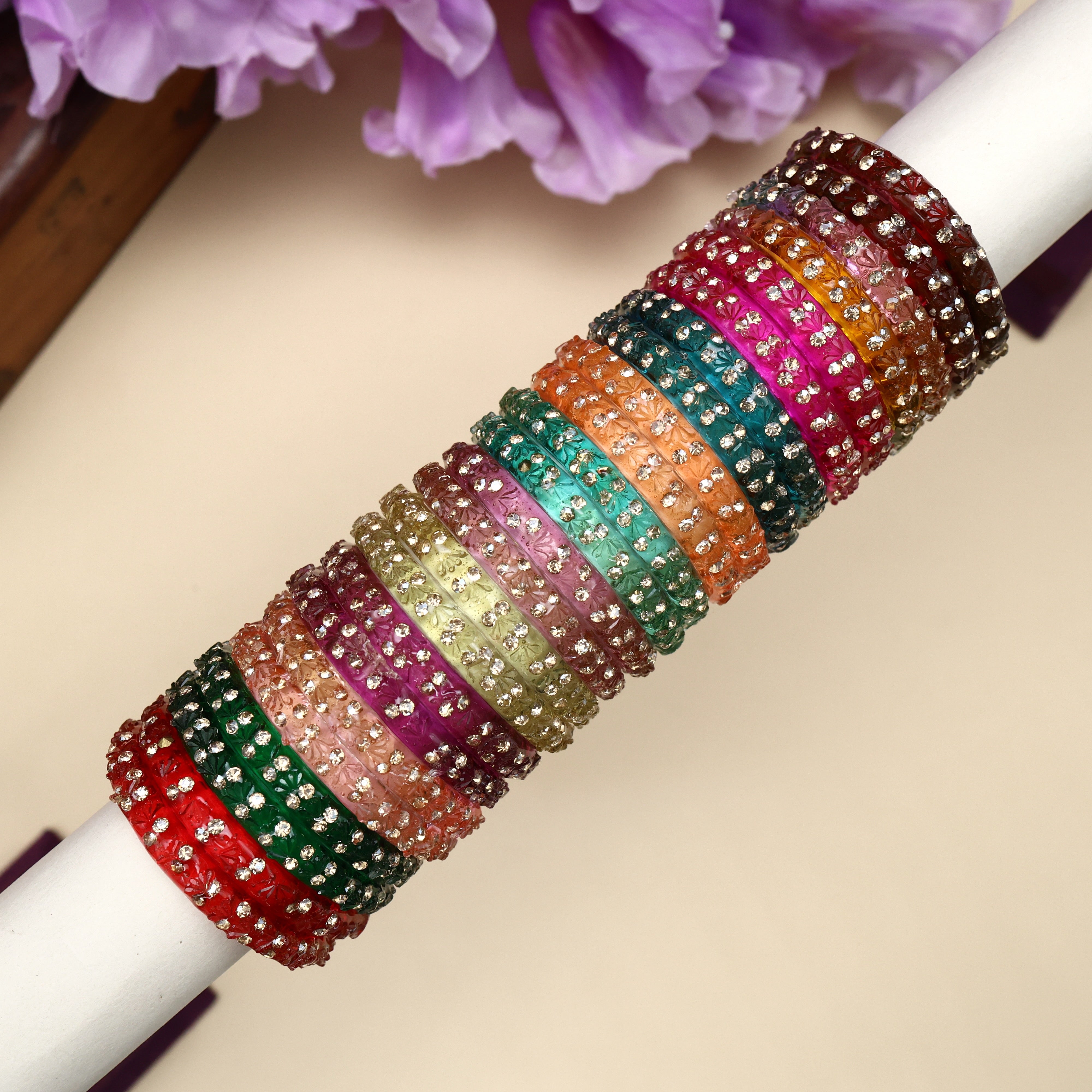 Premium Thick Double Stone 12 Pairs Kids Glass Bangles Combo