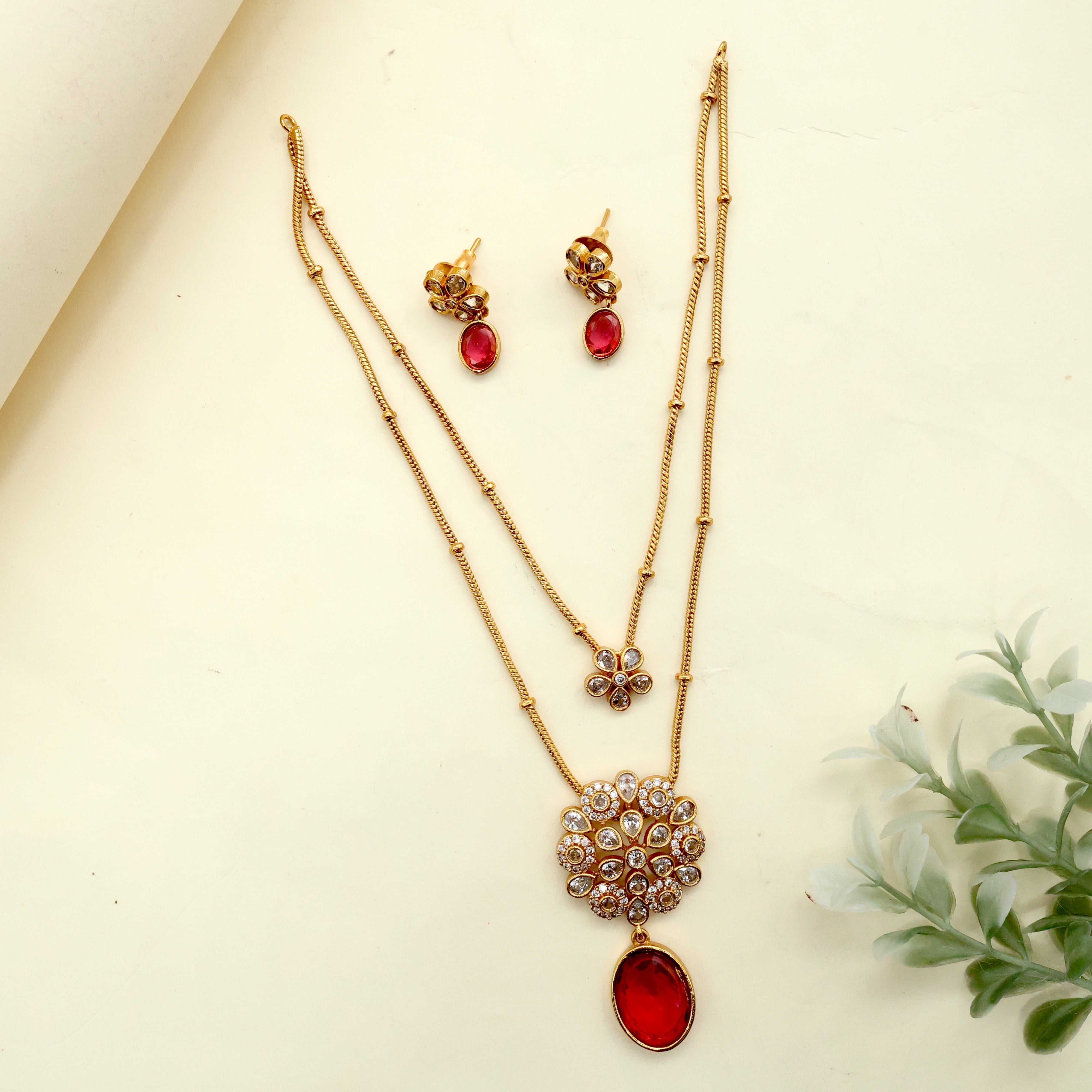 Antique AD Two Layer Contemporary Flower Pendants Necklace Set - No figure No Idol Jewellery