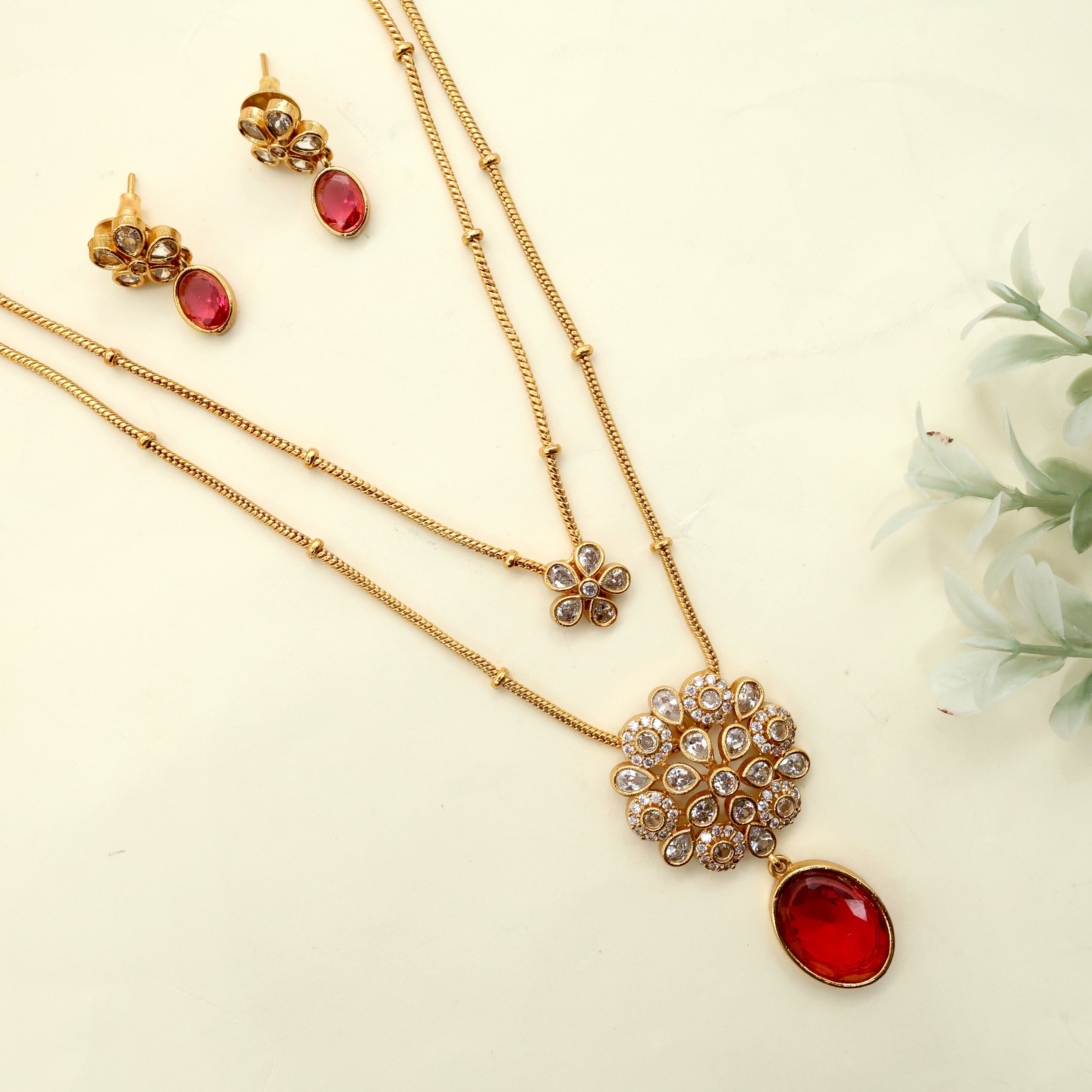 Antique AD Two Layer Contemporary Flower Pendants Necklace Set - No figure No Idol Jewellery