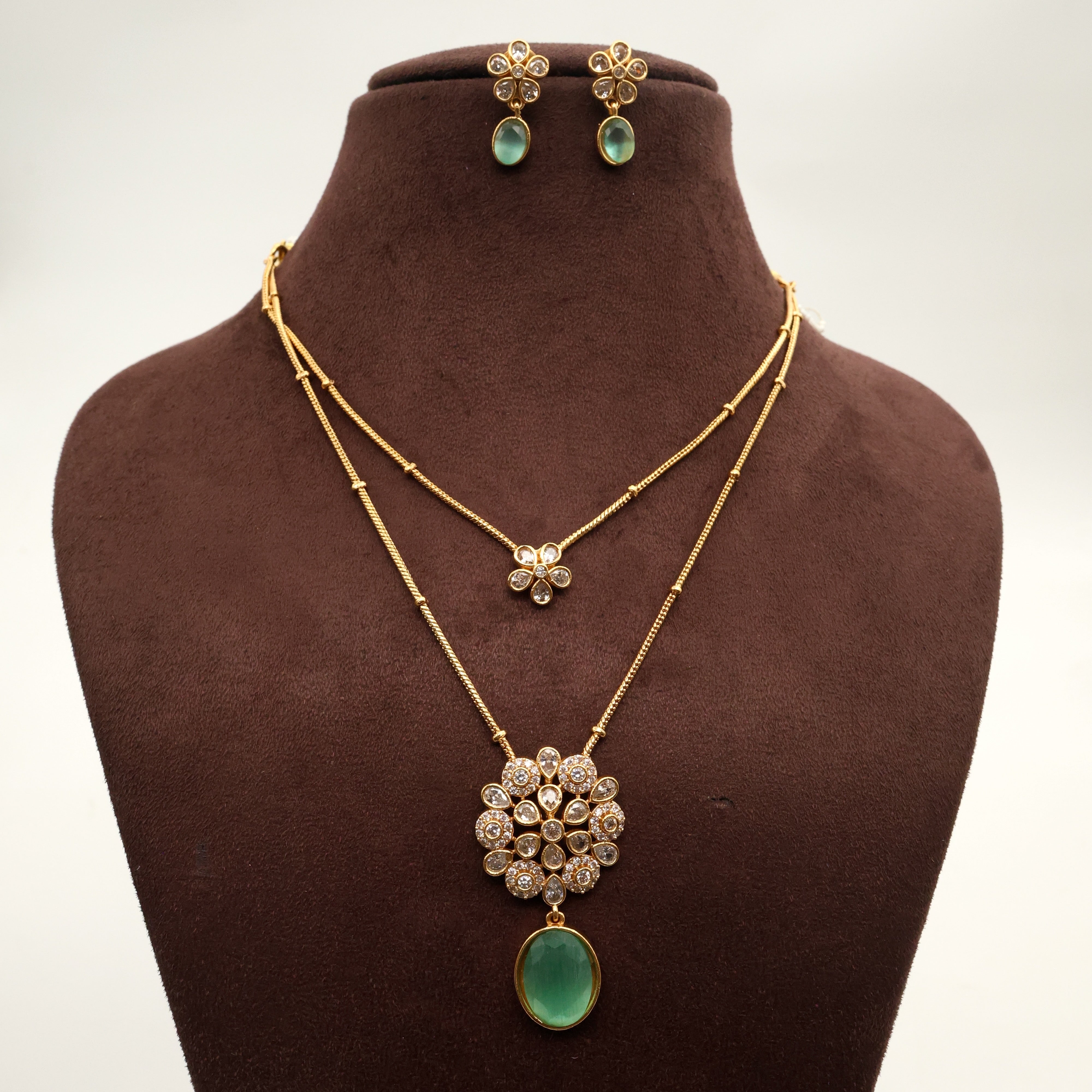 Antique AD Two Layer Contemporary Flower Pendants Necklace Set - No figure No Idol Jewellery