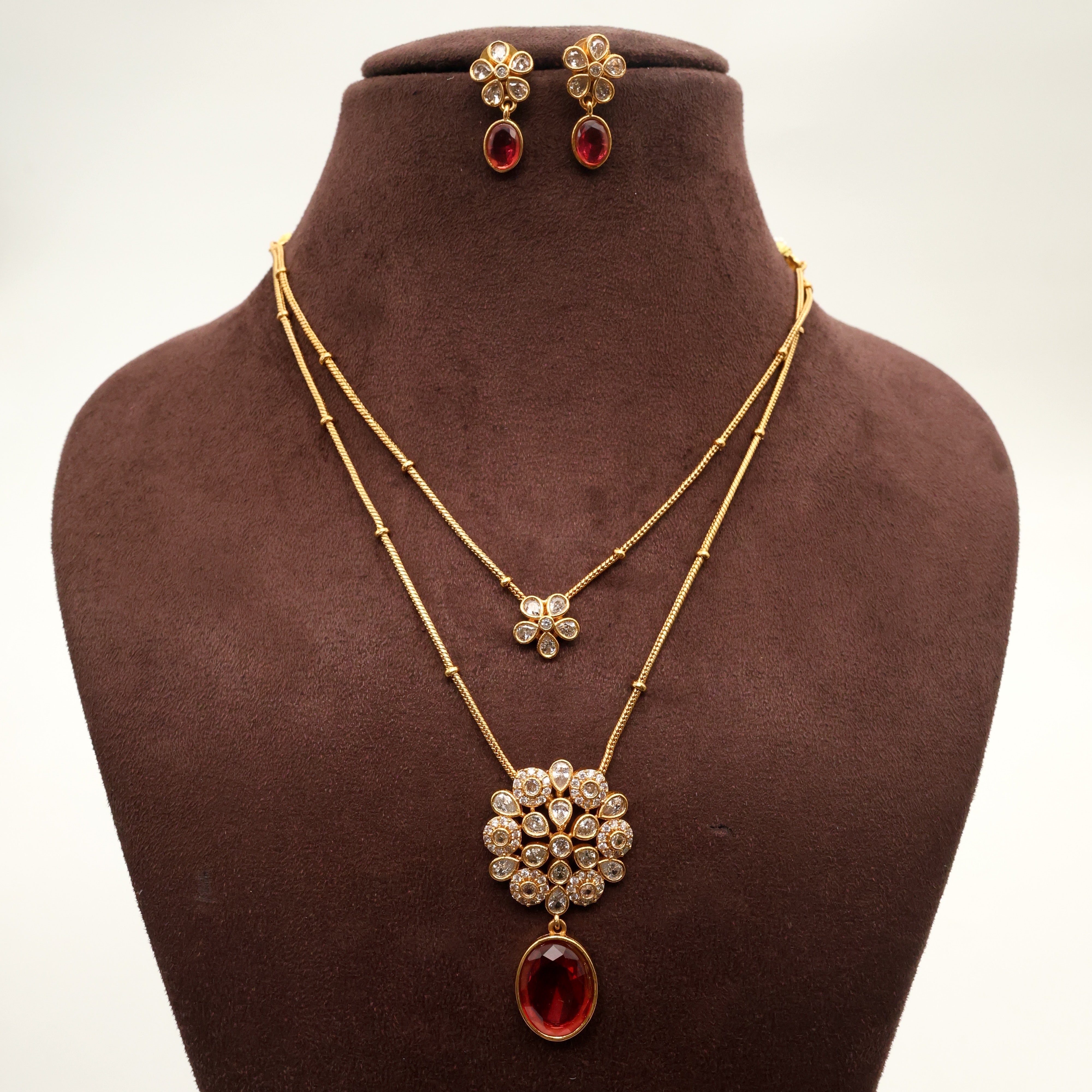 Antique AD Two Layer Contemporary Flower Pendants Necklace Set - No figure No Idol Jewellery