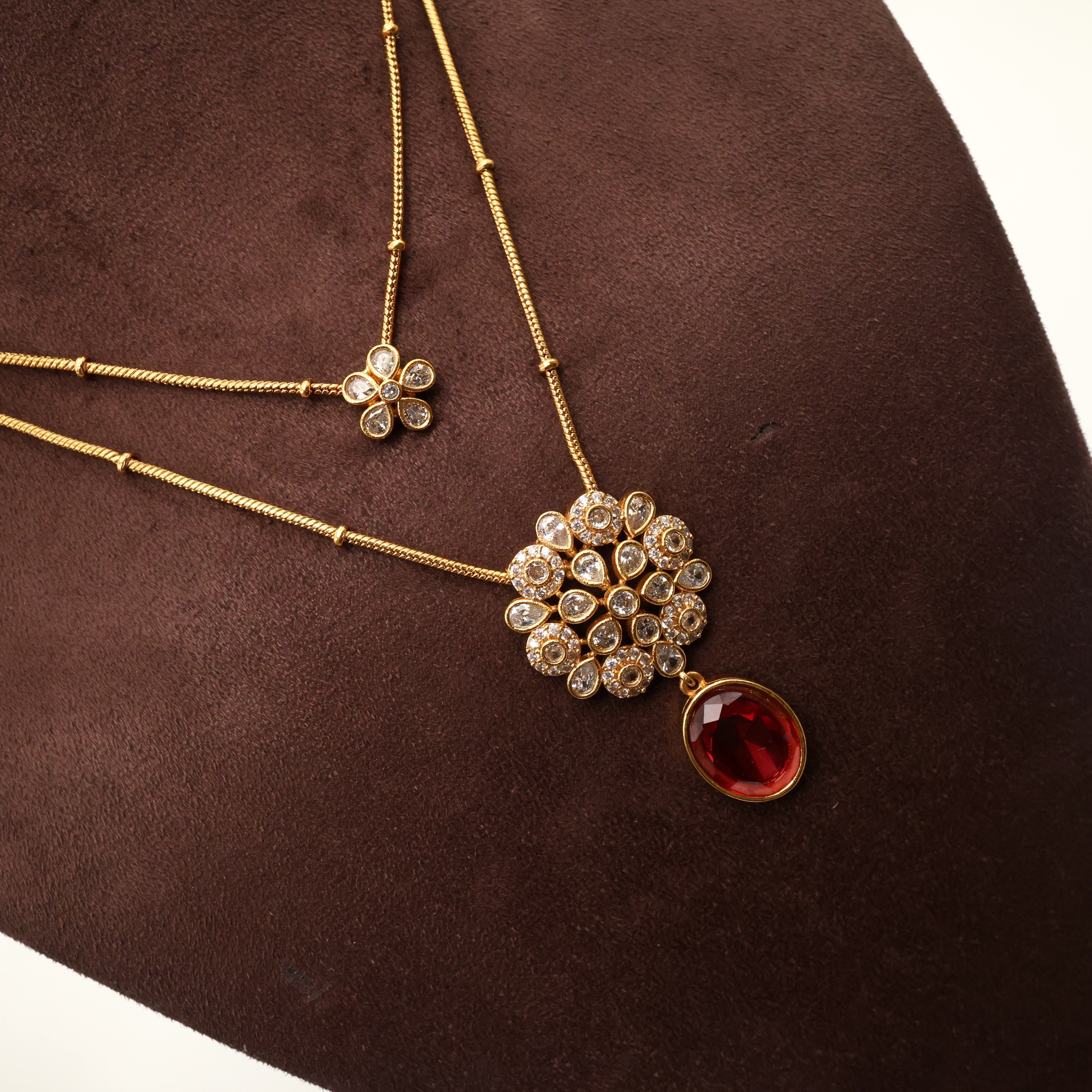 Antique AD Two Layer Contemporary Flower Pendants Necklace Set - No figure No Idol Jewellery