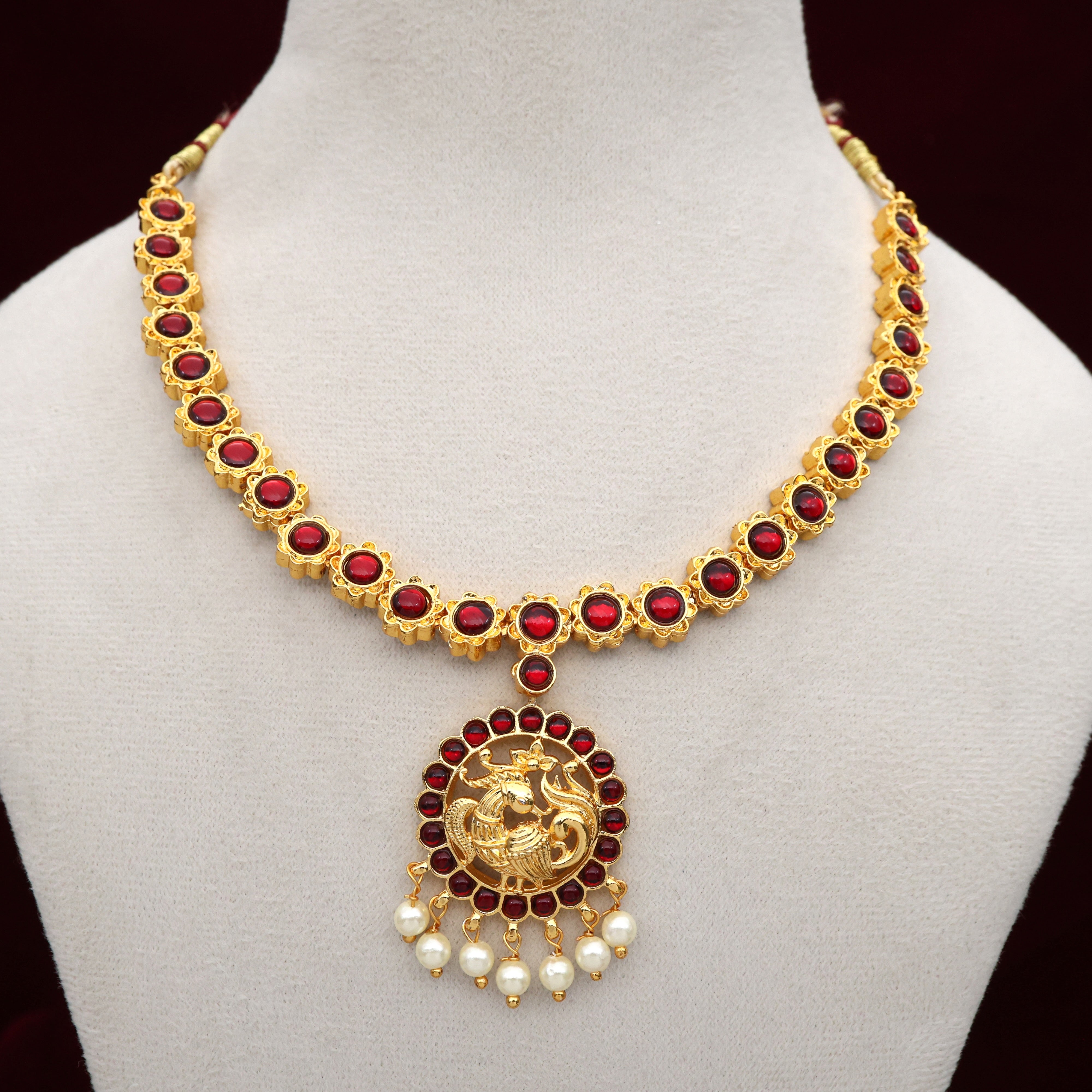 Gold Tone Budget Kemp Flower Stones Annapakshi Attigai Necklace