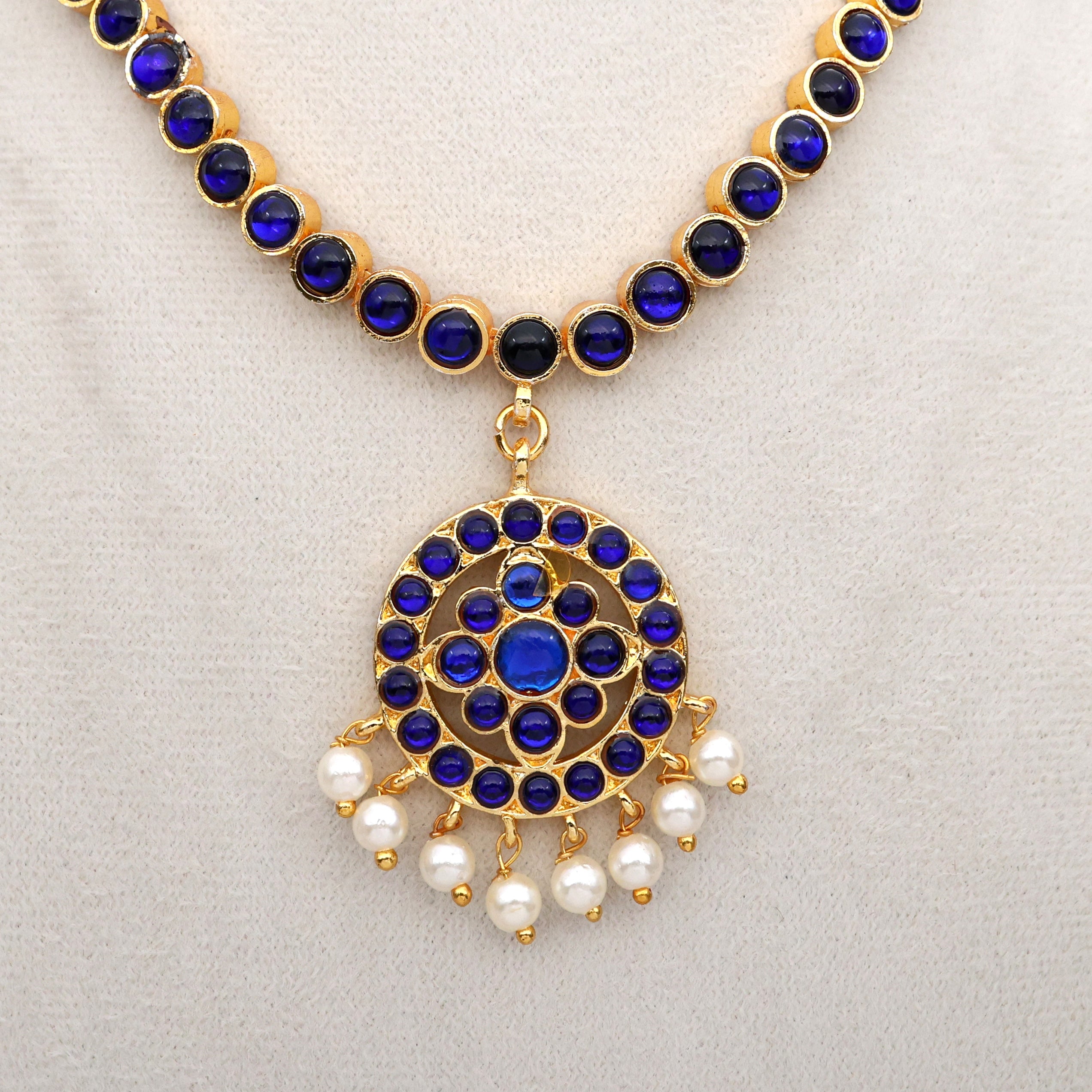 Budget Friendly Gold Tone Flower Chakra Attigai Necklace- Blue
