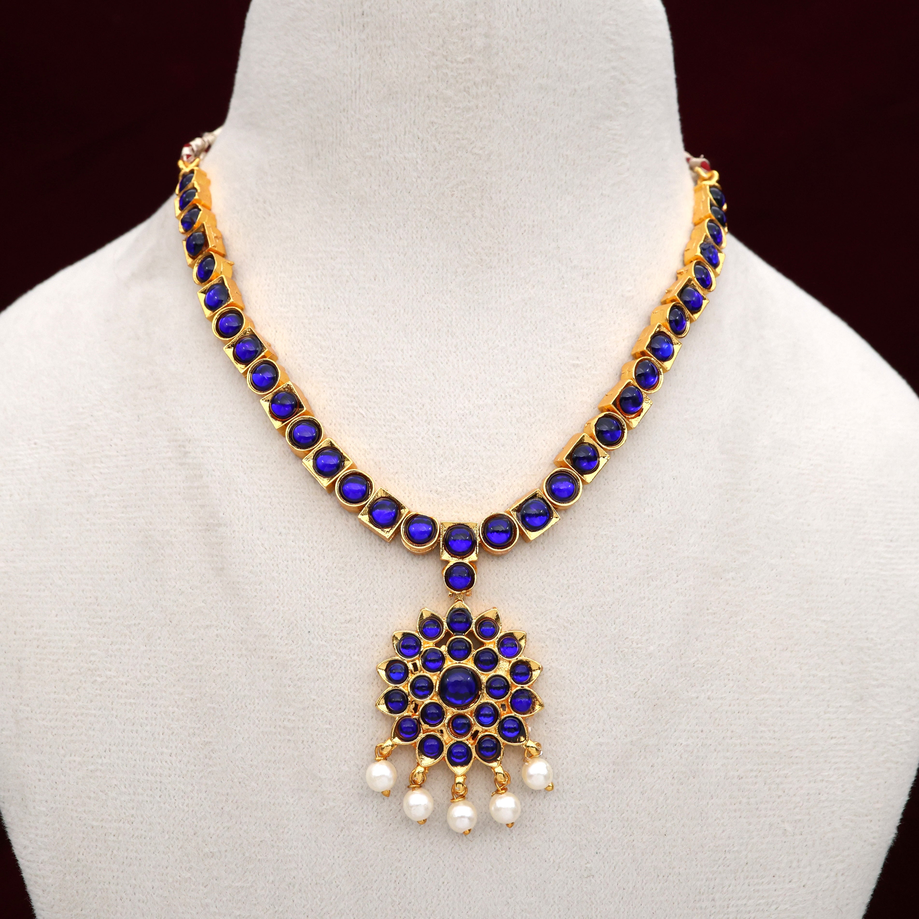 Budget Friendly Gold Tone Square Stones Flower Pendant Attigai Necklace - Blue