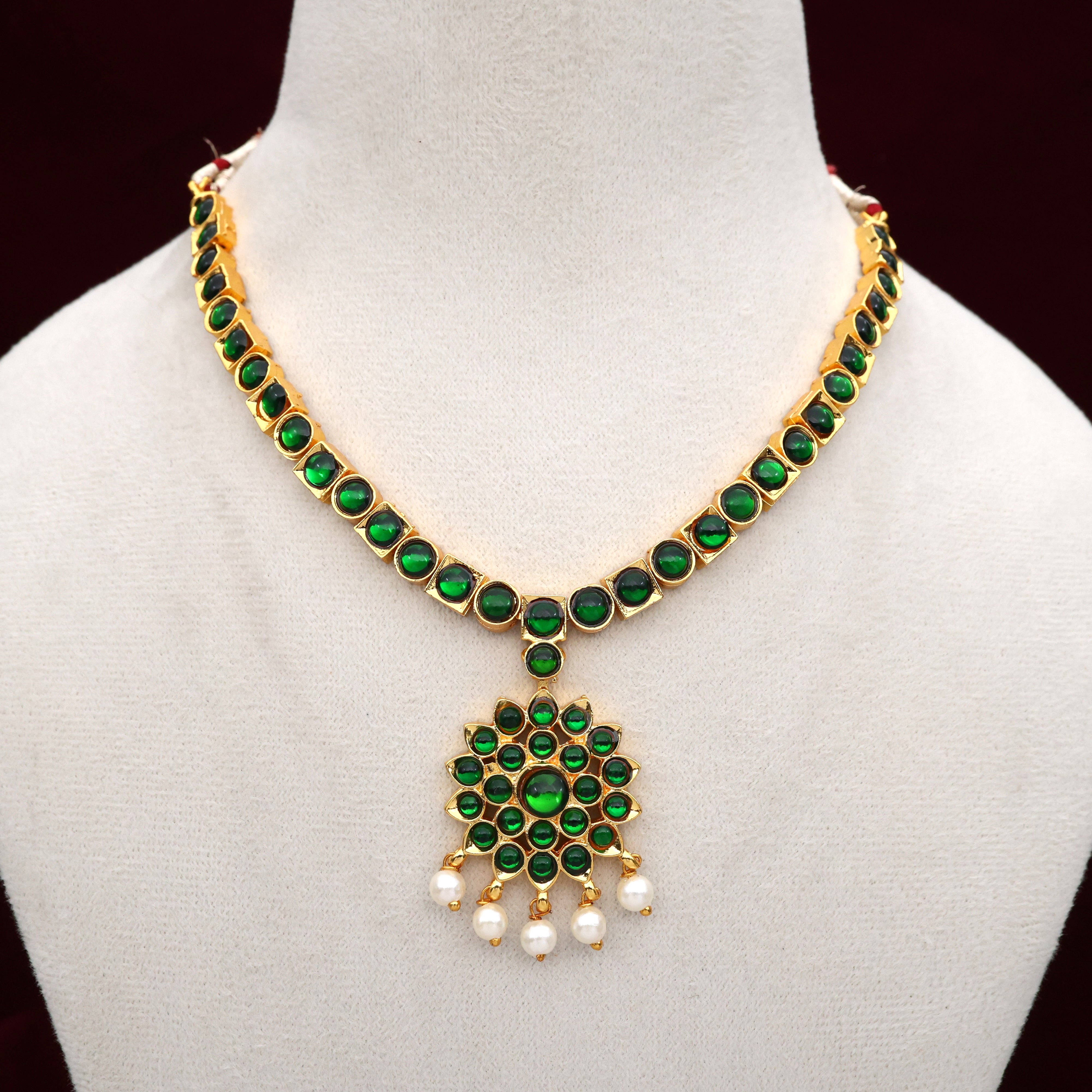 Budget Friendly Gold Tone Square Stones Flower Pendant Attigai Necklace - Green