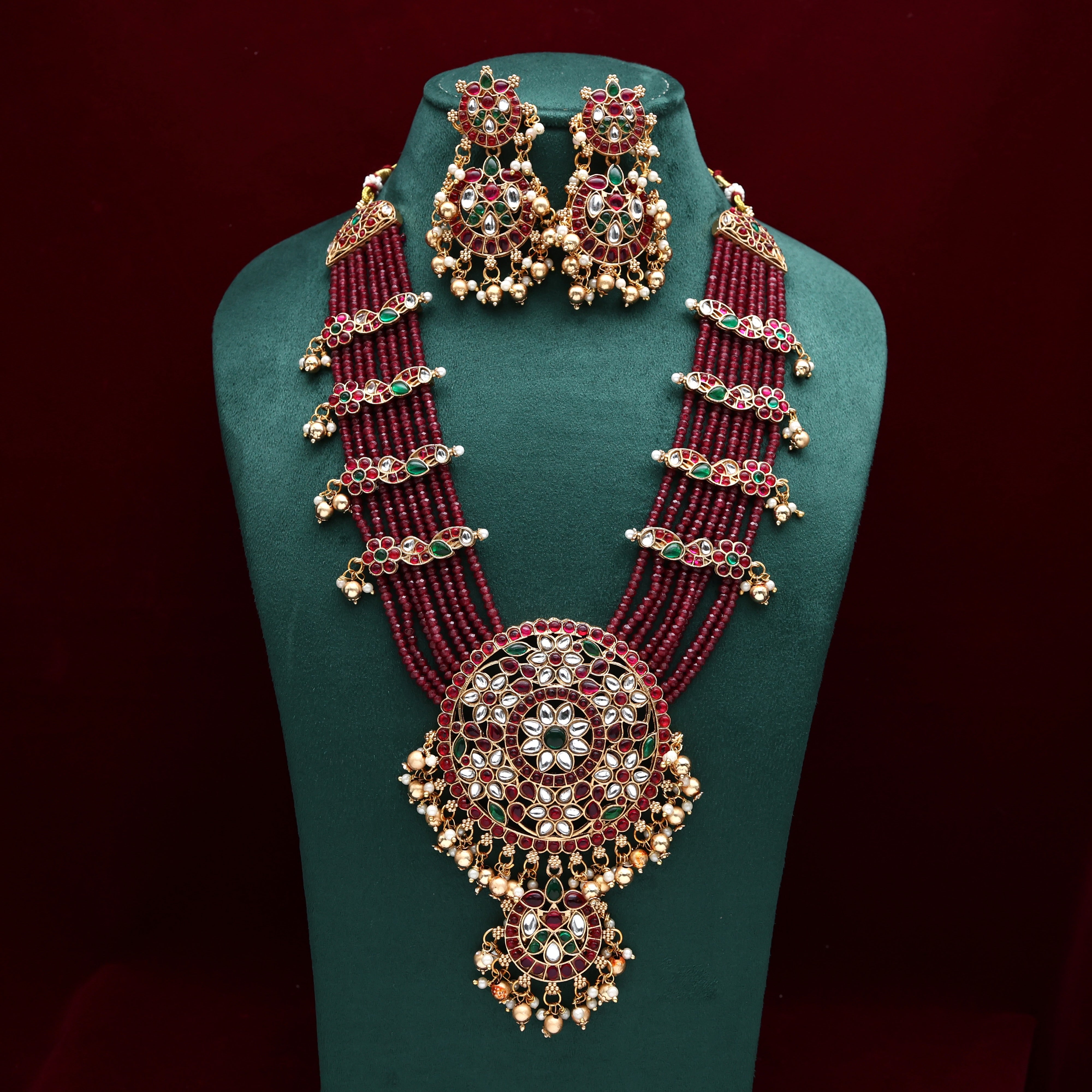 Budget Friendly 8 Lines Crystal Beads Kemp Mid Length Necklace Set - Maroon