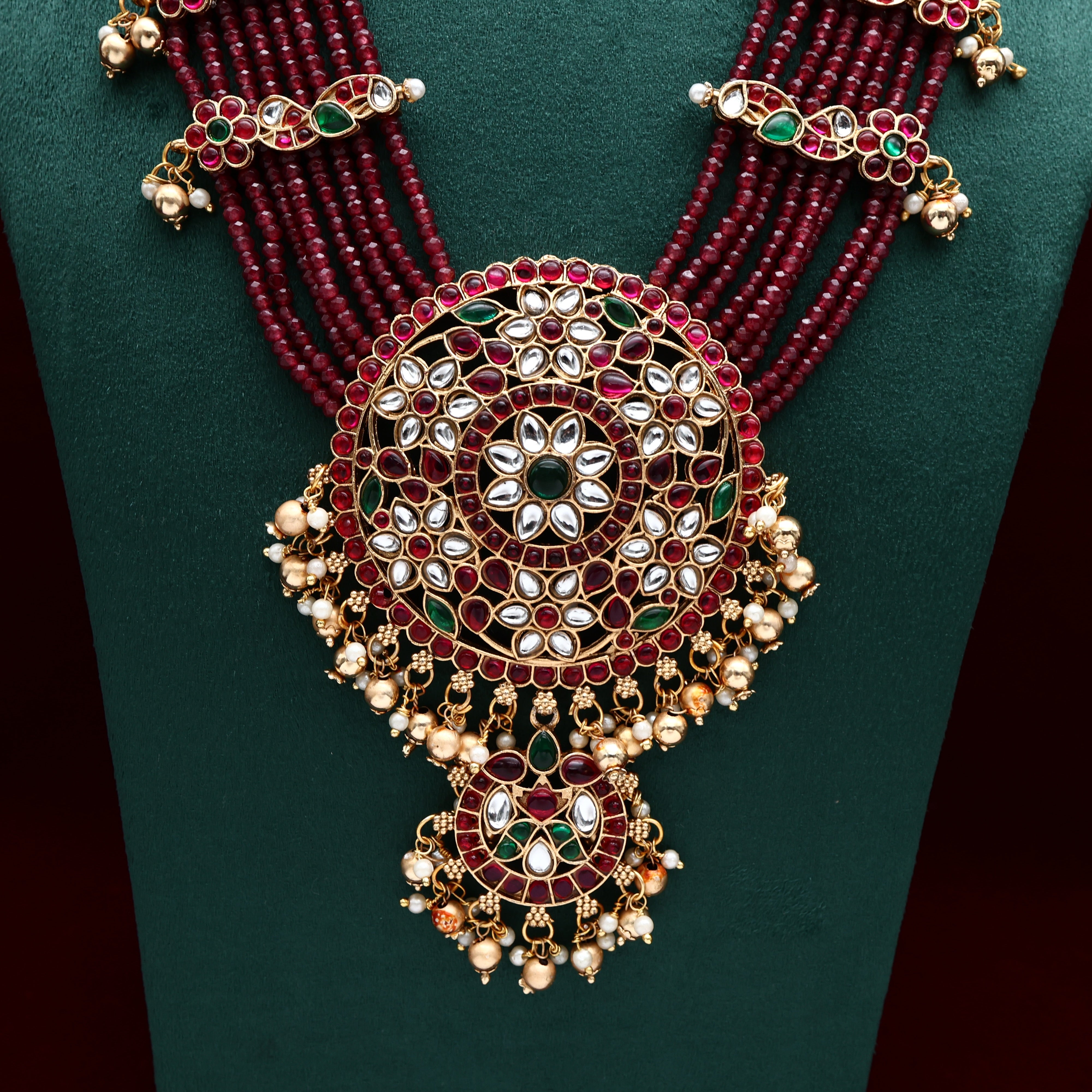 Budget Friendly 8 Lines Crystal Beads Kemp Mid Length Necklace Set - Maroon