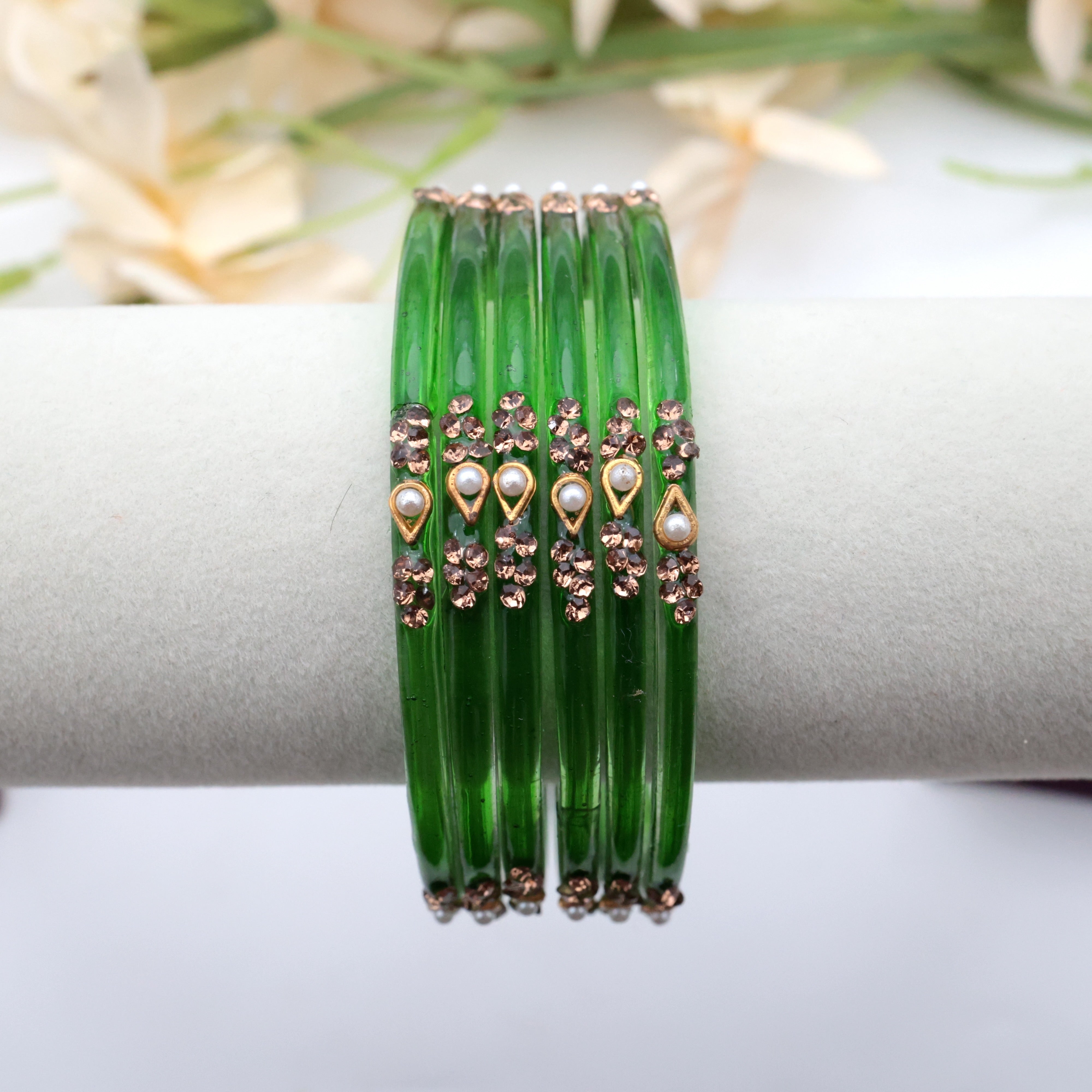 Semi Plain Pearl Stone Work Set of 6 Glass Bangles For Women