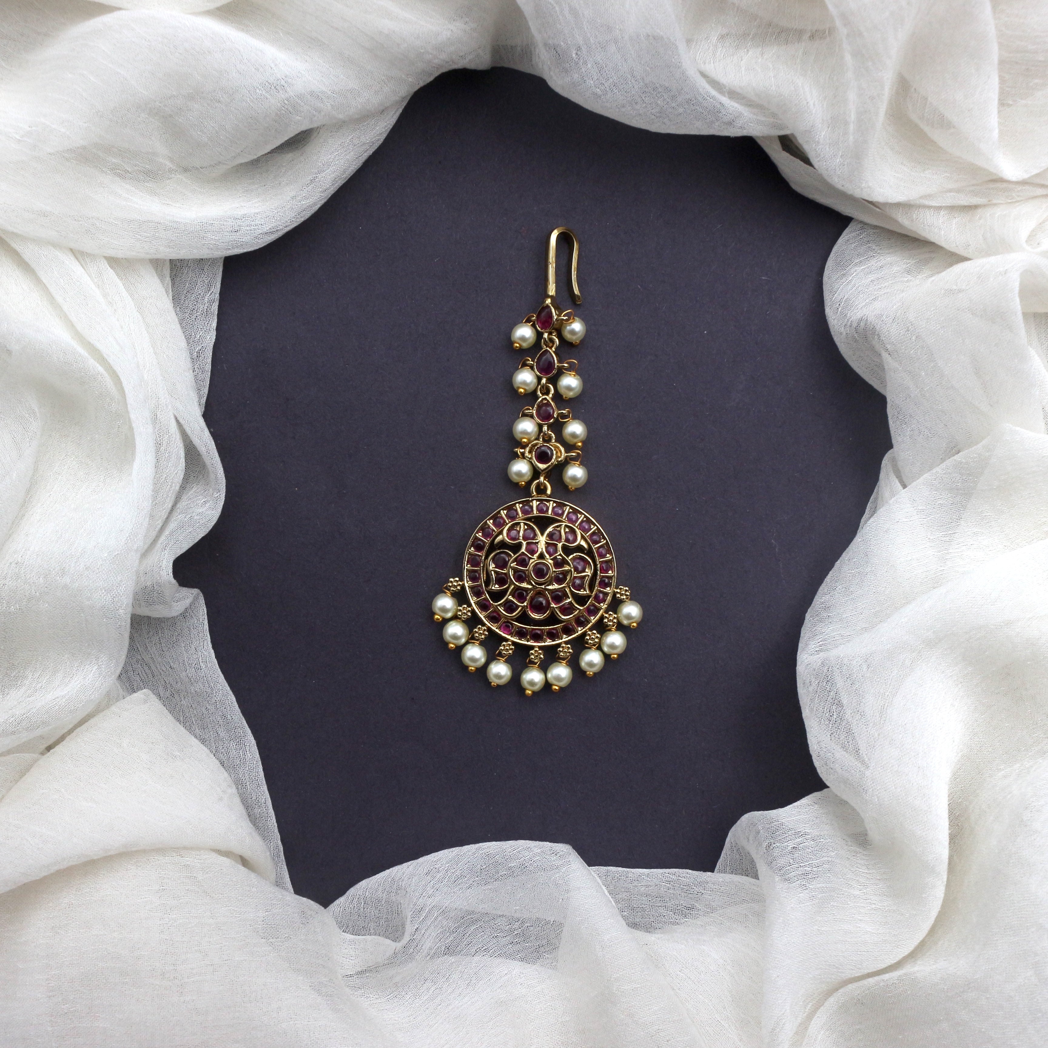 Antique Gold Real Kemp Gandaberunda Bridal Maang Teeka/Nethichutti