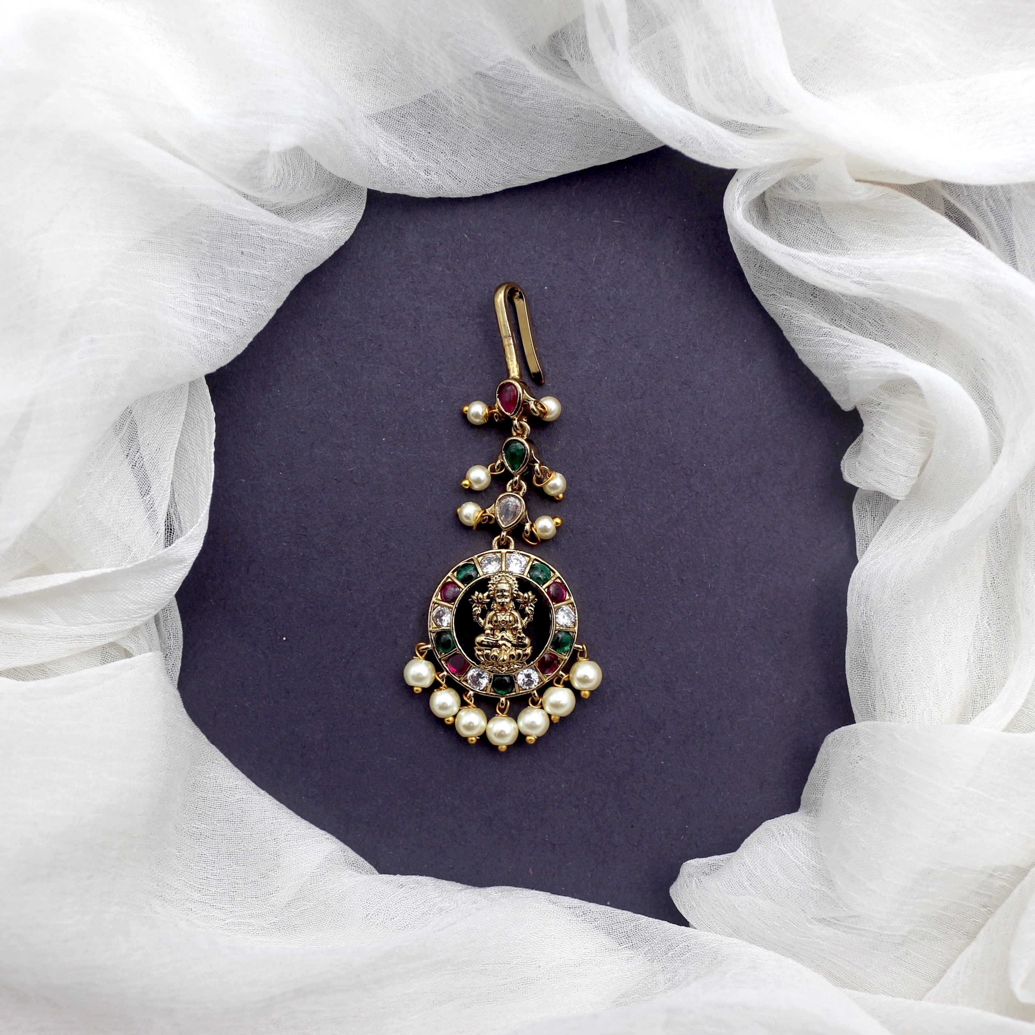 Antique Gold Real Kemp Lakshmi Bridal Maang Teeka/Nethichutti