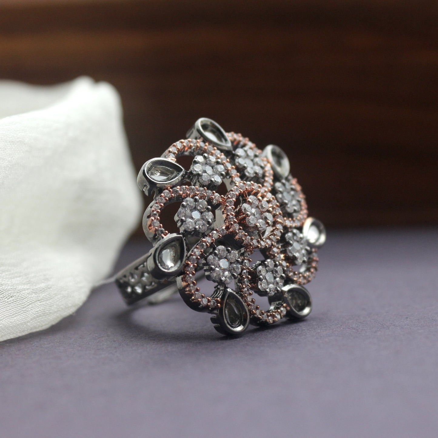 Adjustable Premium AD Black Rose Bridal Finger Ring