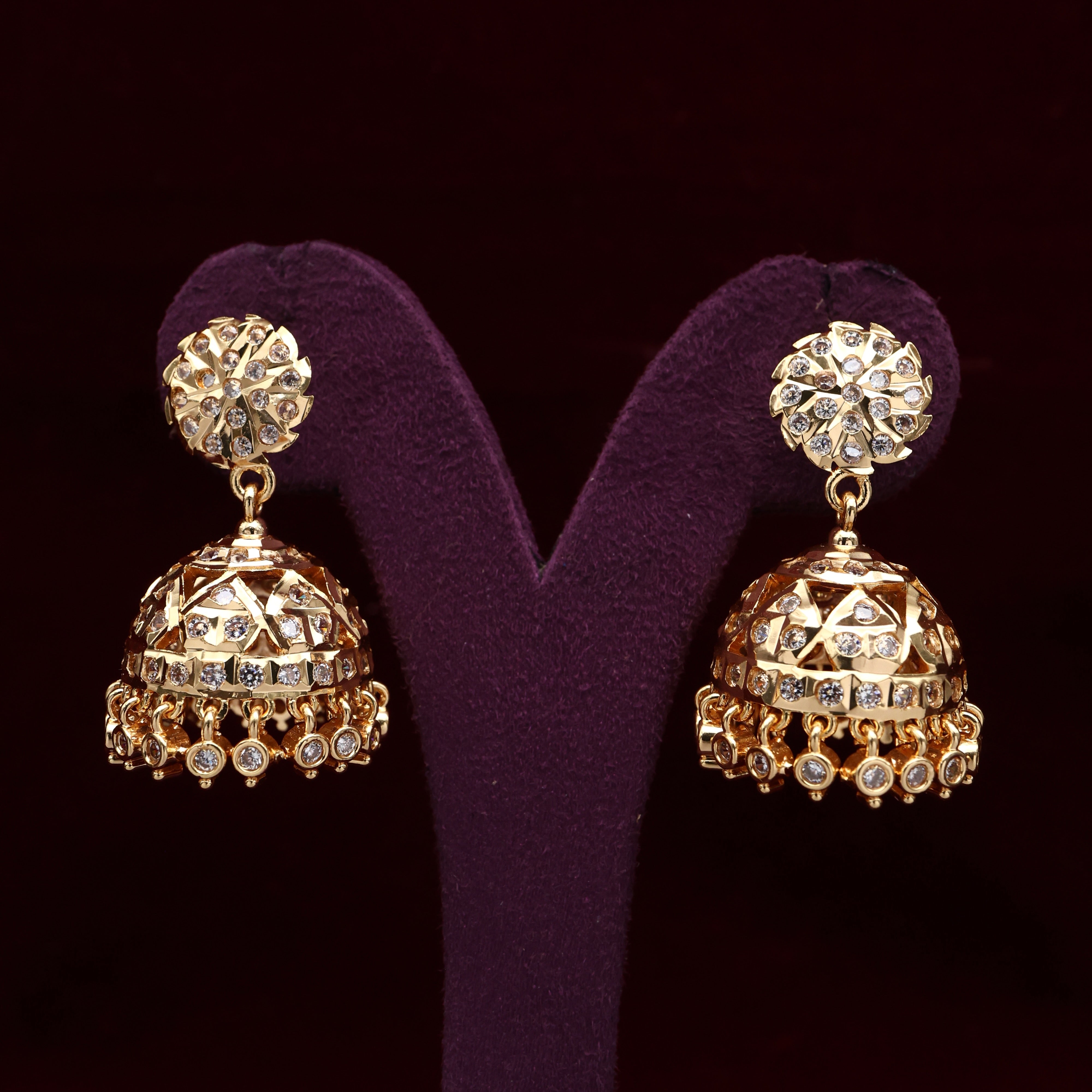 Real Gold Tone Impon White Stone Medium Bridal Jhumkas