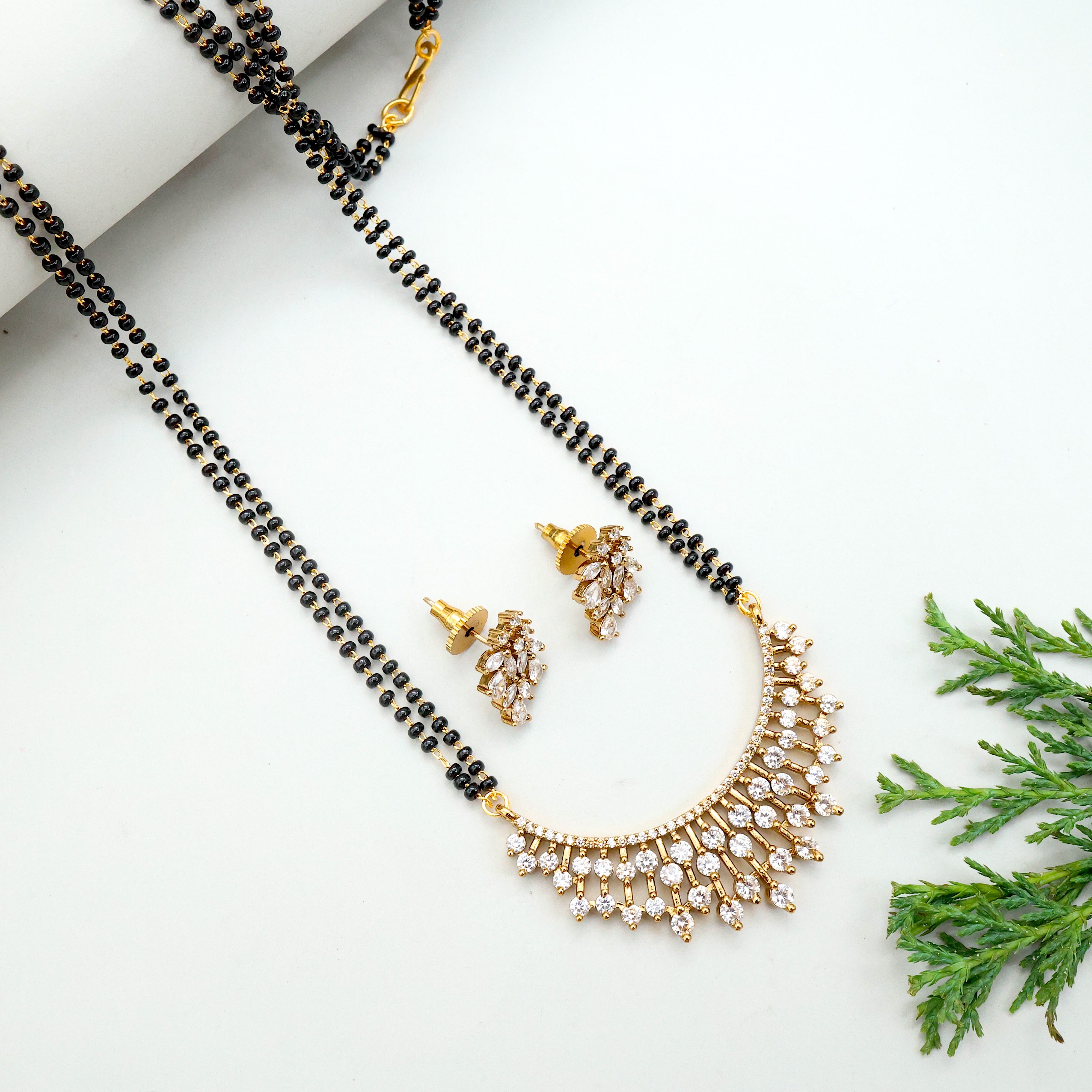 Diamond look Alike Celebrity Style Two Line Mangalsutra With Earrings - No Idol No Figure Jewellery