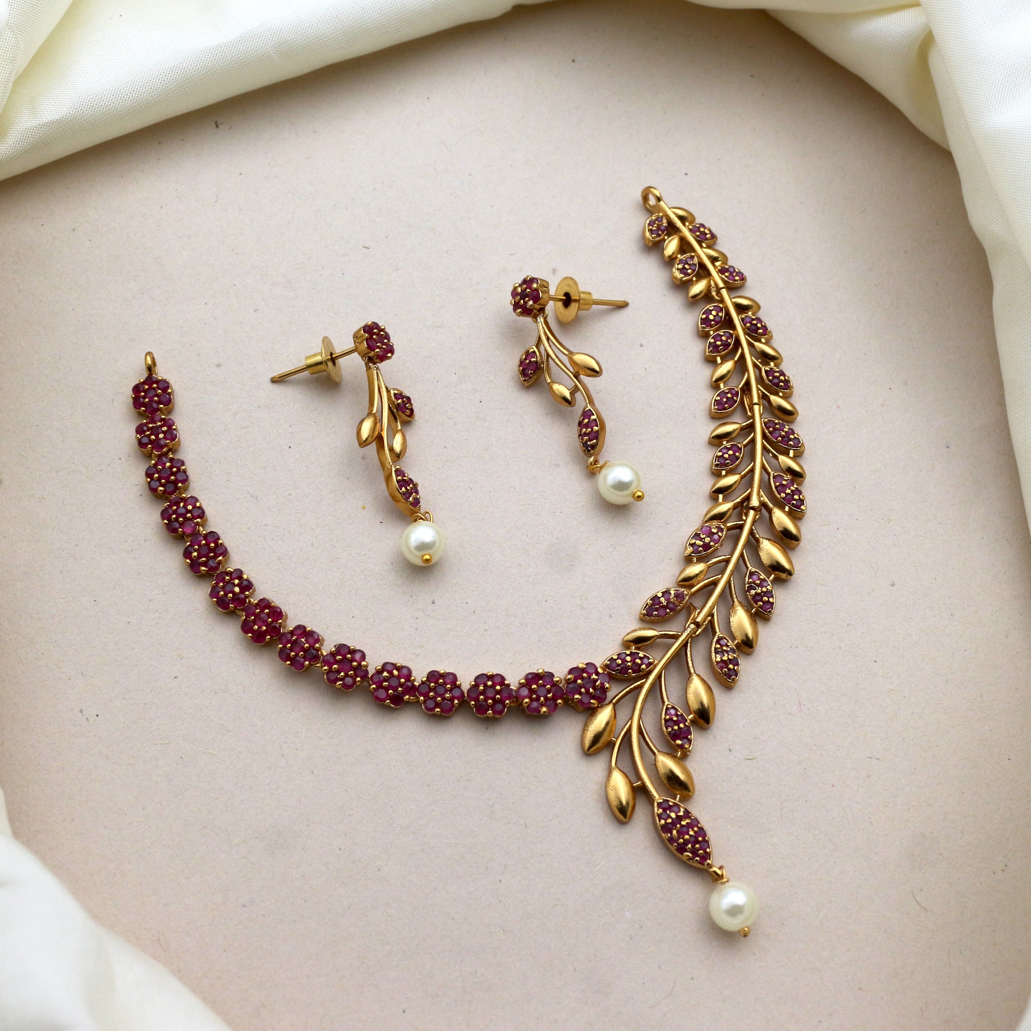Antique Gold Matte Flower Leaf Vine AD Necklace Set - Ruby