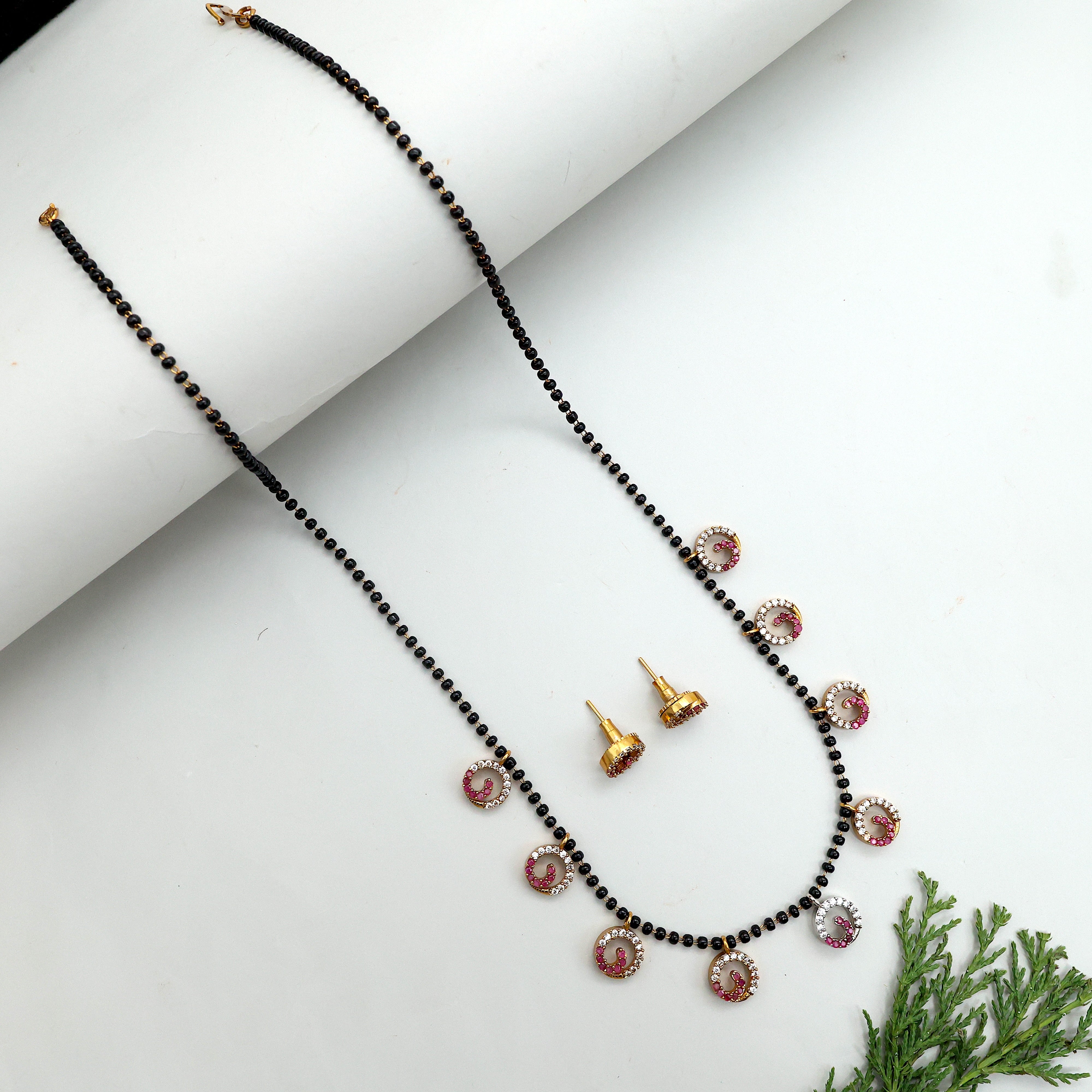 Diamond Look AD Circles Black Beads Mangalsutra Necklace Set