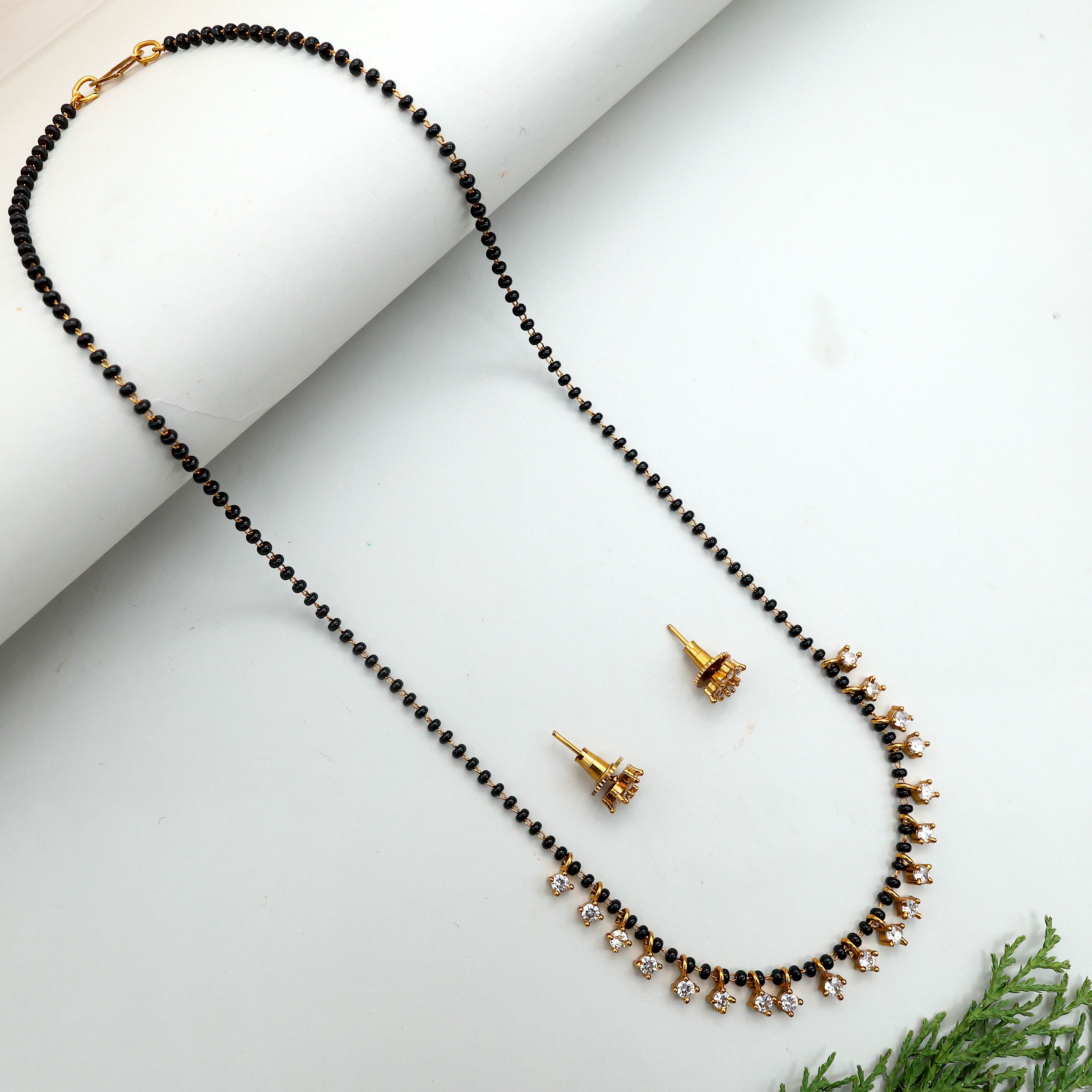 Diamond Look Very Simple Drops Black Beads Necklace Set - Mangalsutra Necklace Set