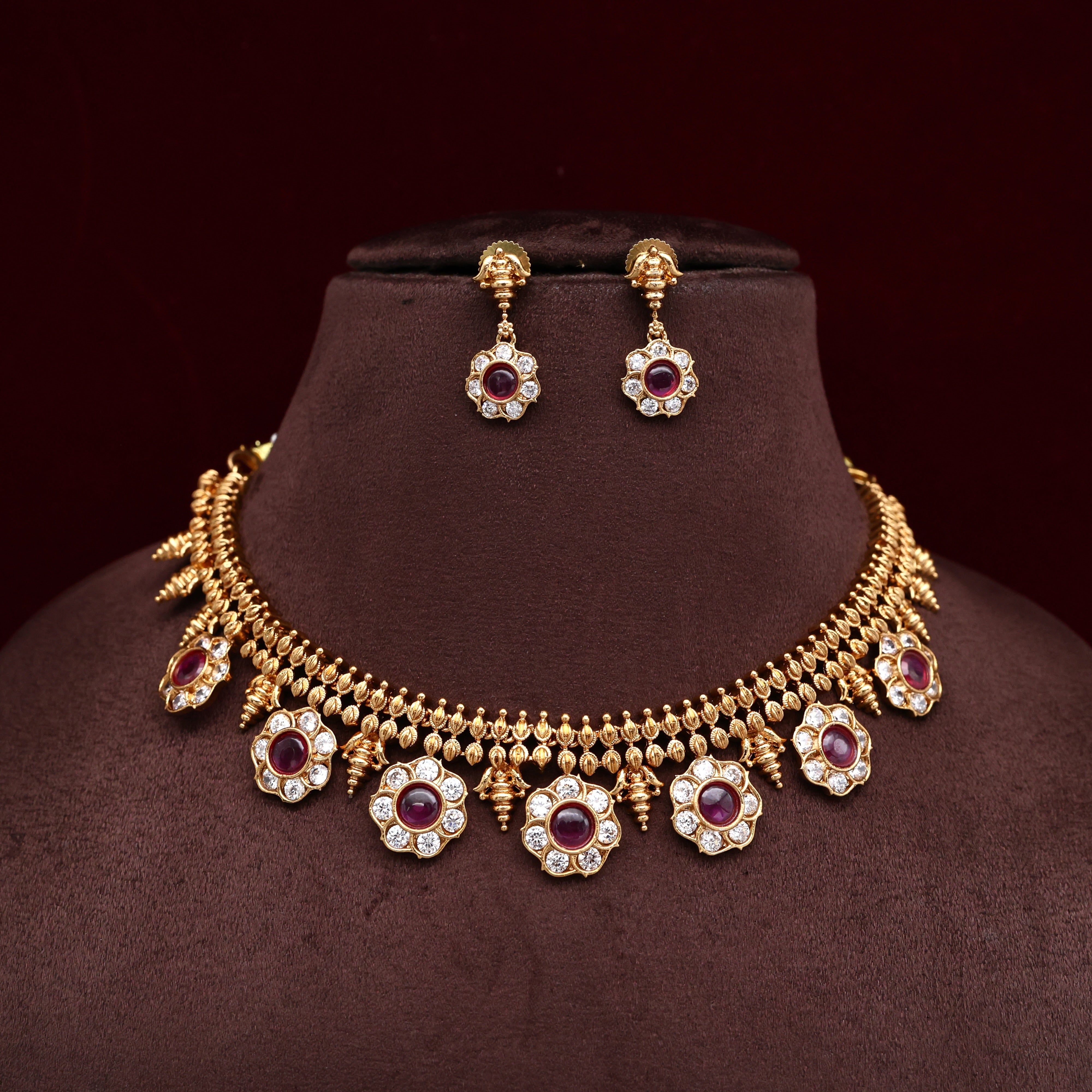 ANTIQUE AD FLOWER DOUBLE LINE THUSHI NECKLACE SET - RUBY