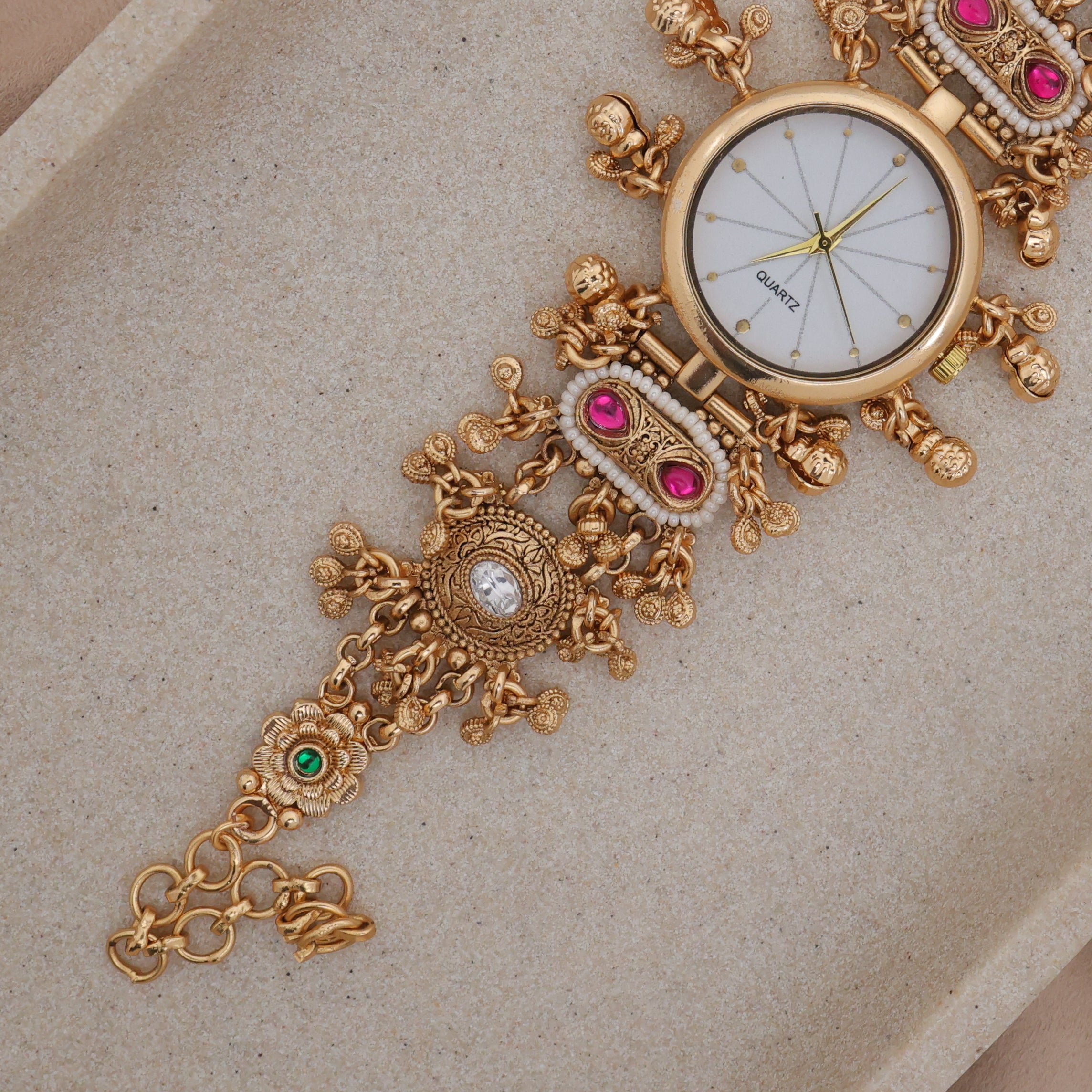 Gold Tone Rich Heritage Flower Detailing Kemp Kundan Bracelet Watch