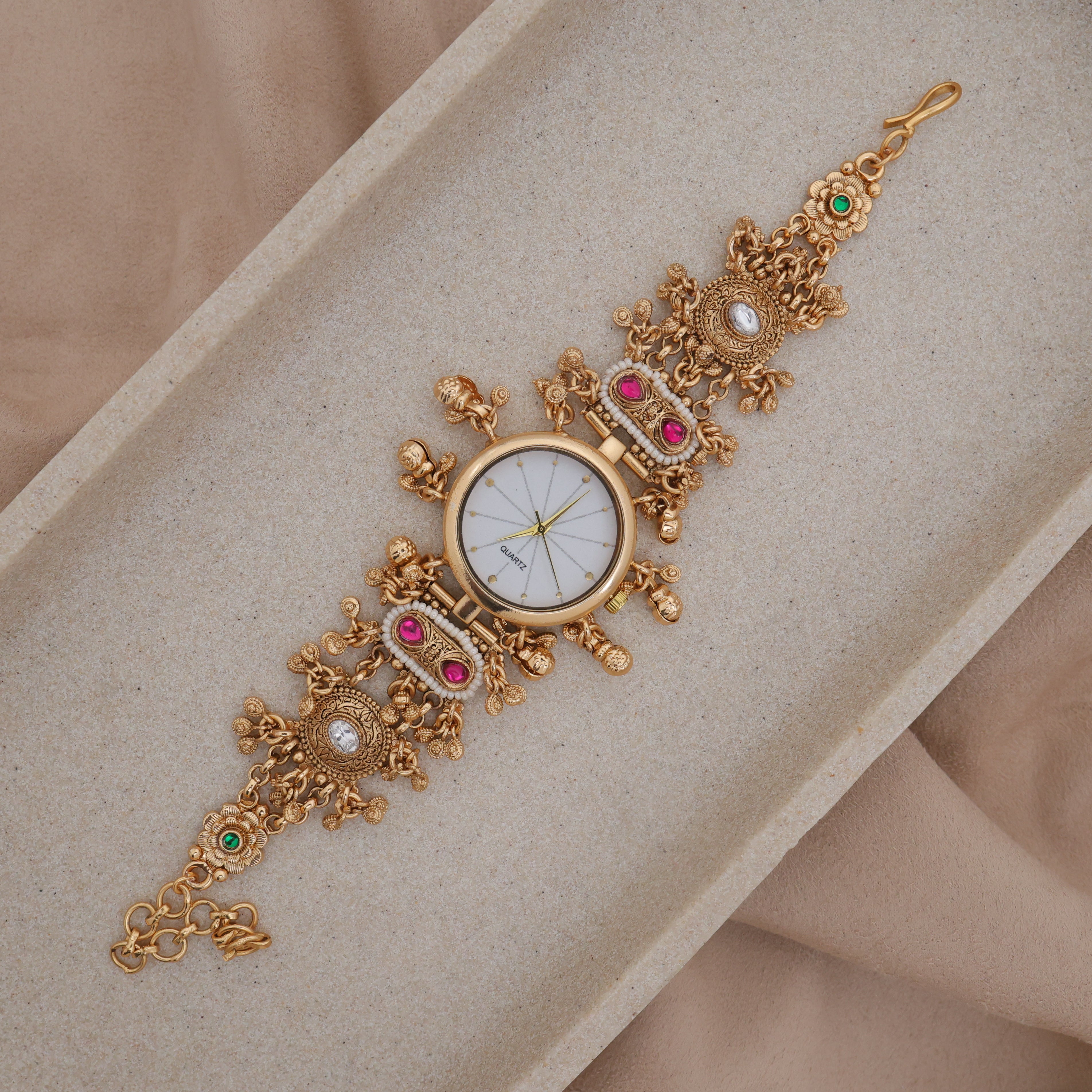 Gold Tone Rich Heritage Flower Detailing Kemp Kundan Bracelet Watch