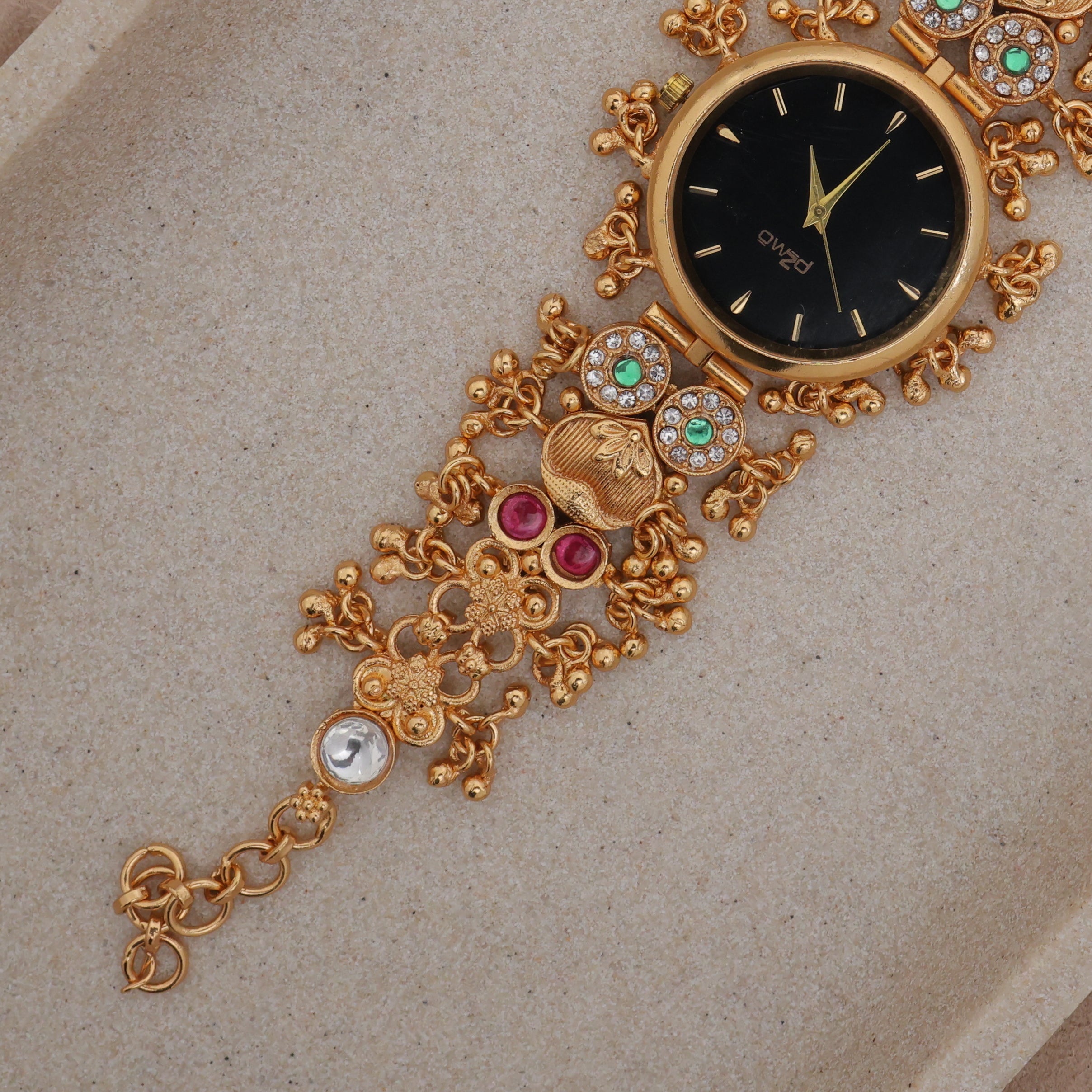 Gold Tone Rich Heritage Flower Detailing Black Dial Kashmiri Bracelet Watch