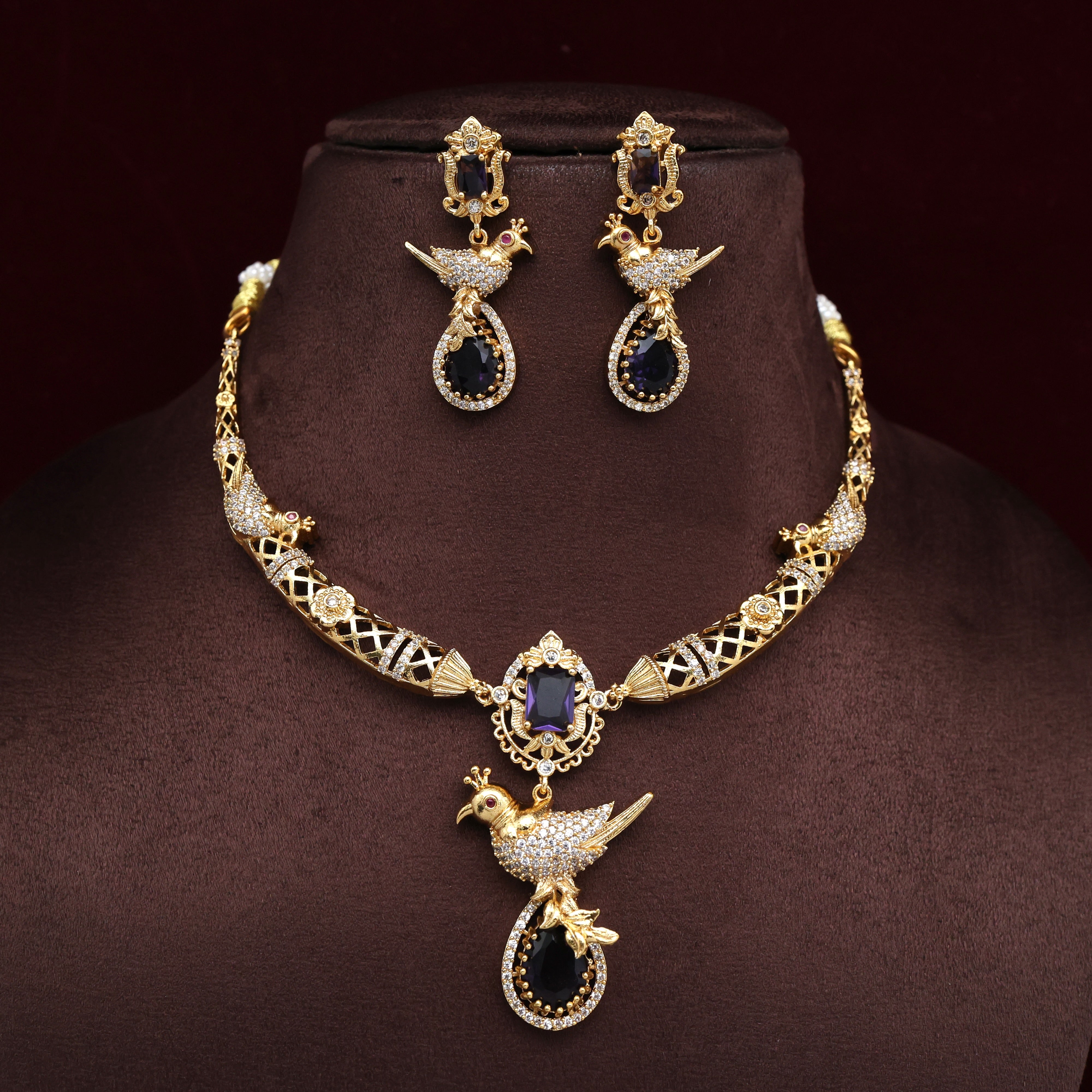 Antique Gold AD Bird Hasli Necklace Set - Purple