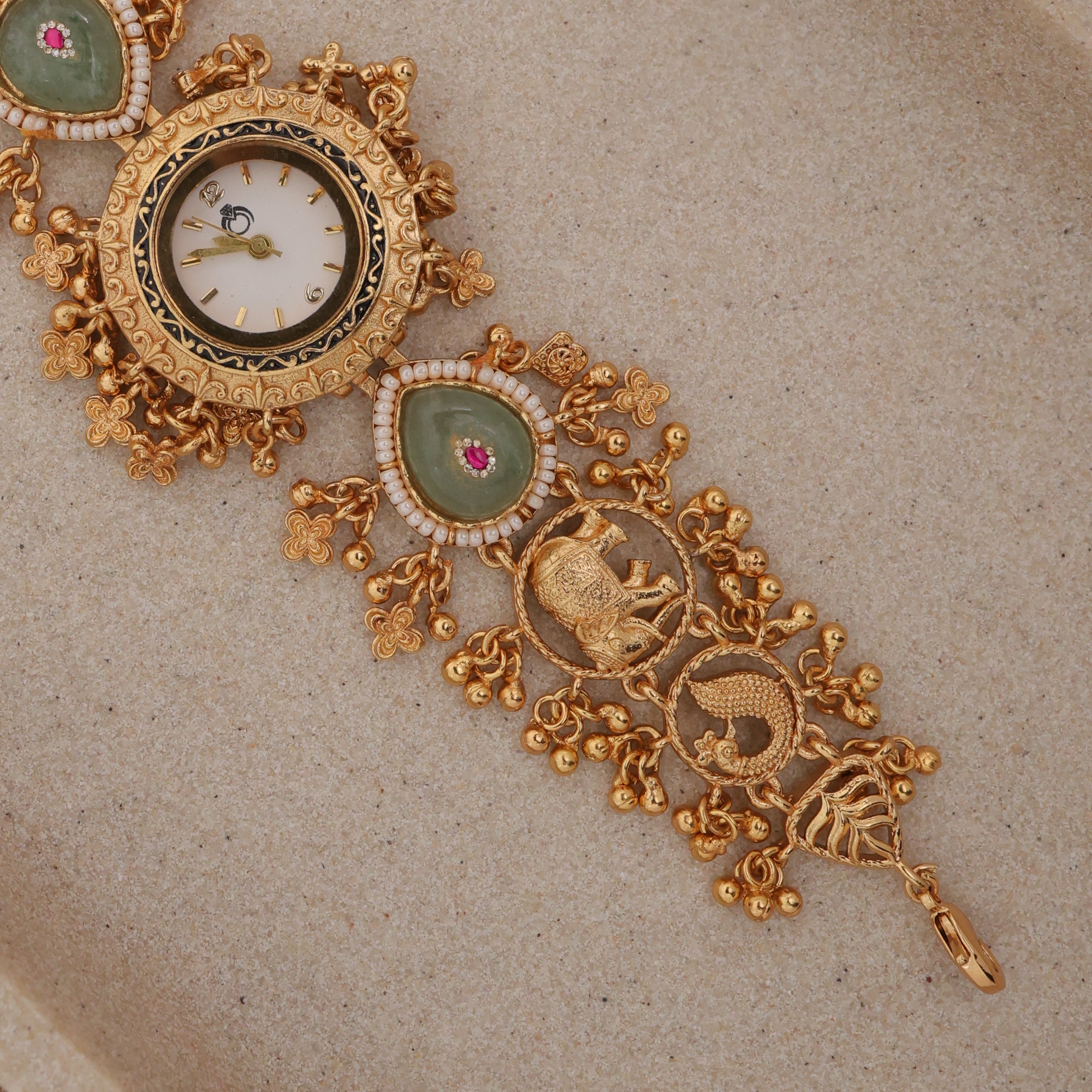 Gold Tone Rich Heritage Elephant Peacock Detailing Kemp Kundan Bracelet Watch