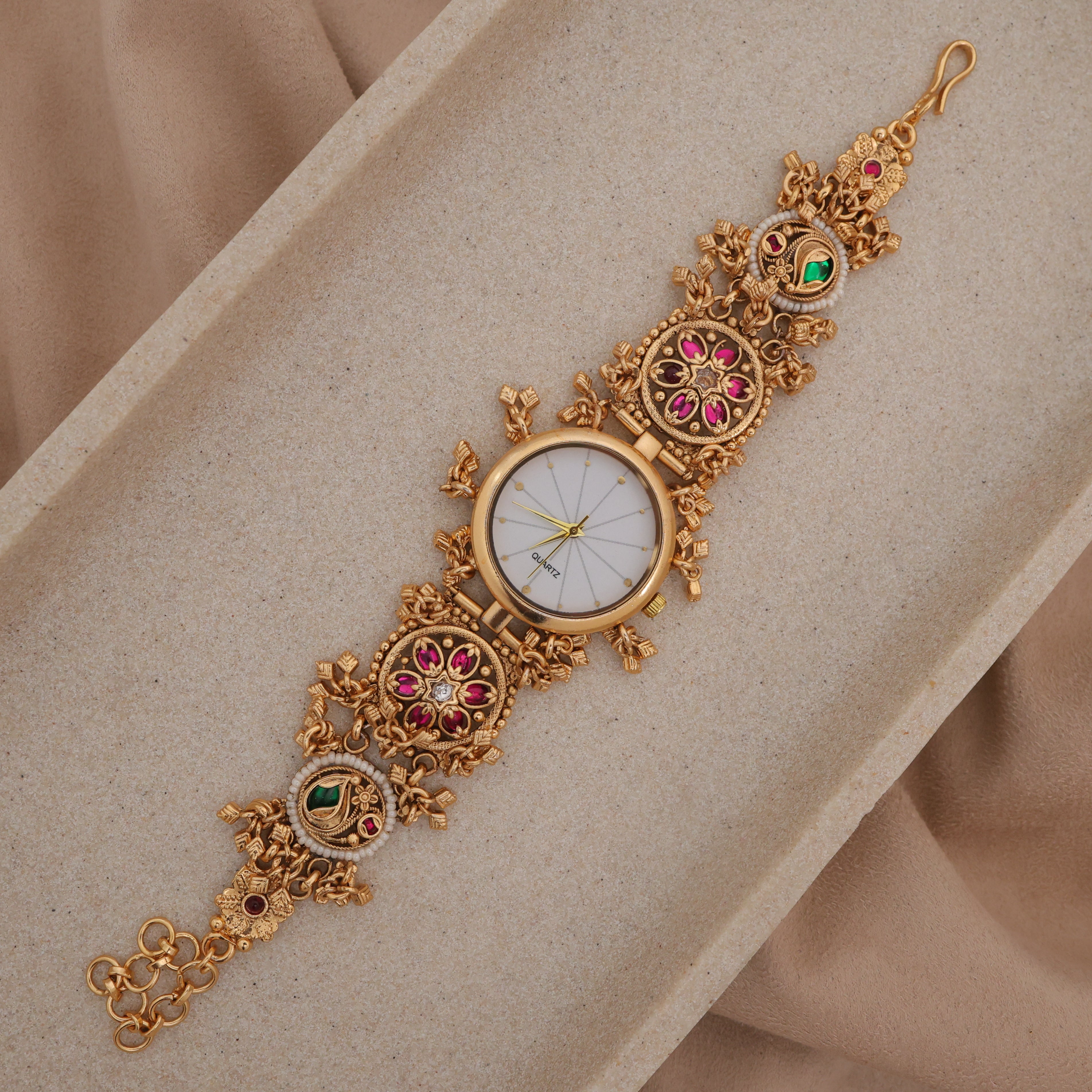 Gold Tone Rich Heritage Flower Detailing Kemp Kundan Bracelet Watch