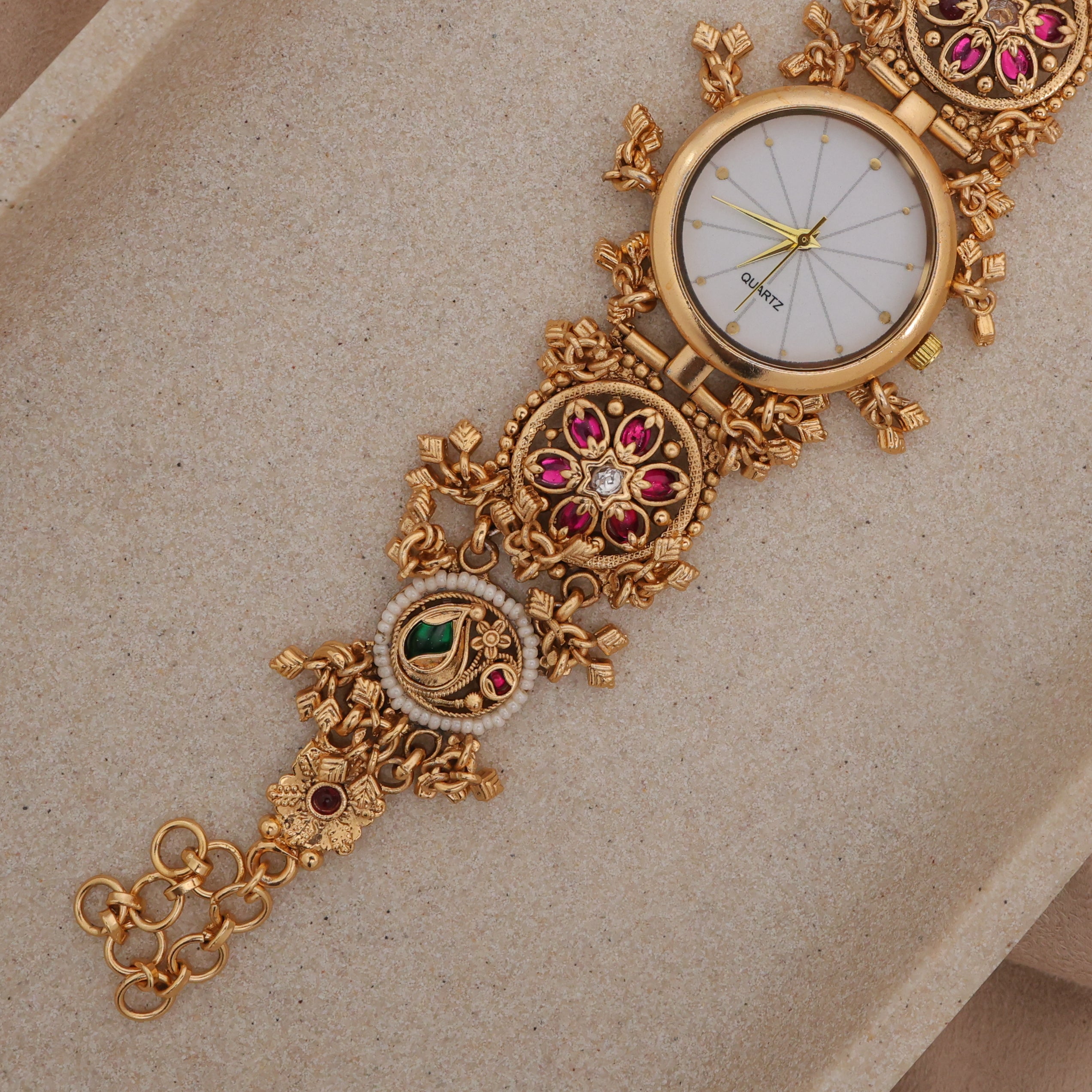 Gold Tone Rich Heritage Flower Detailing Kemp Kundan Bracelet Watch
