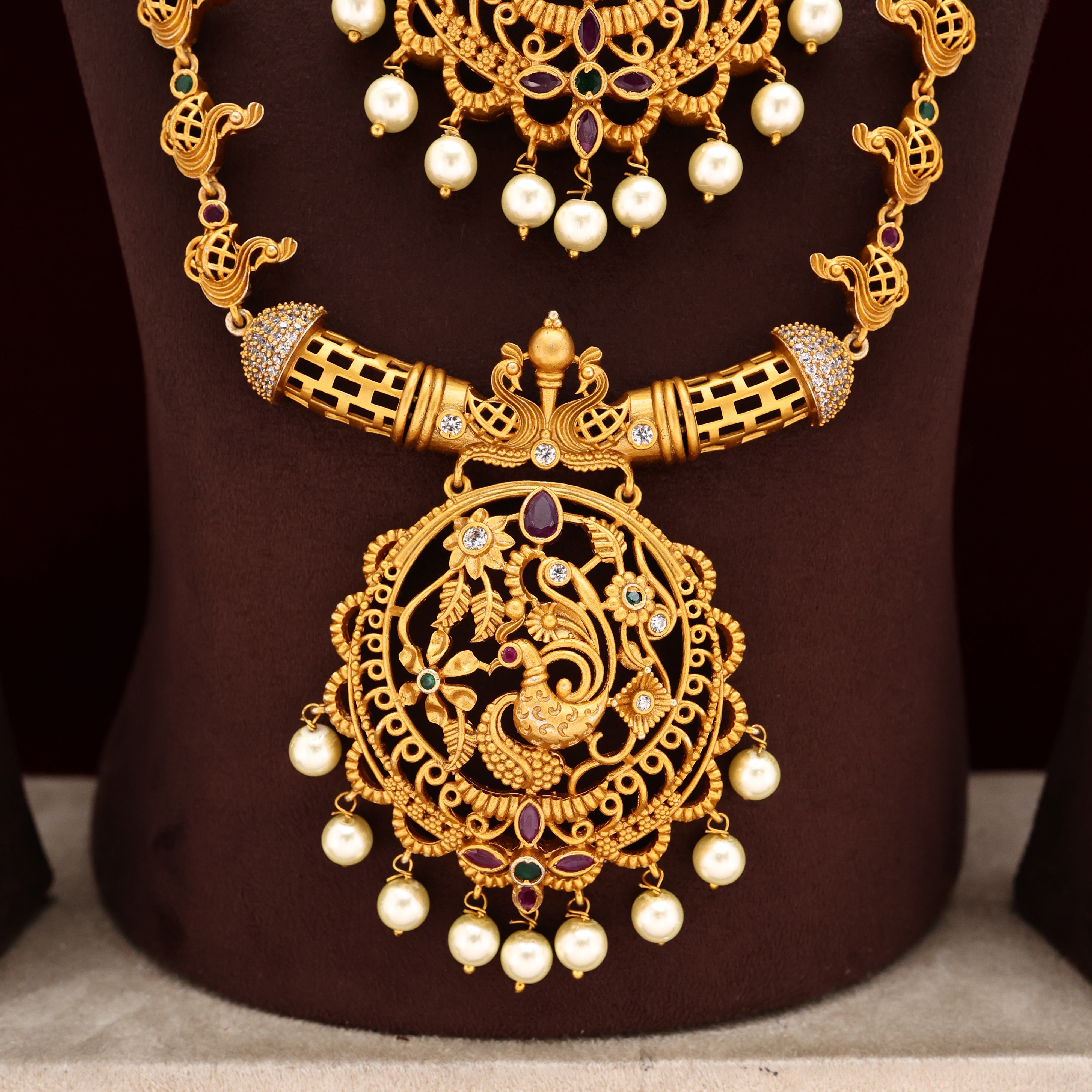 DESIGNER PEACOCK & SWANS AD MATTE NECKLACE COMBO SET - LONG & SHORT