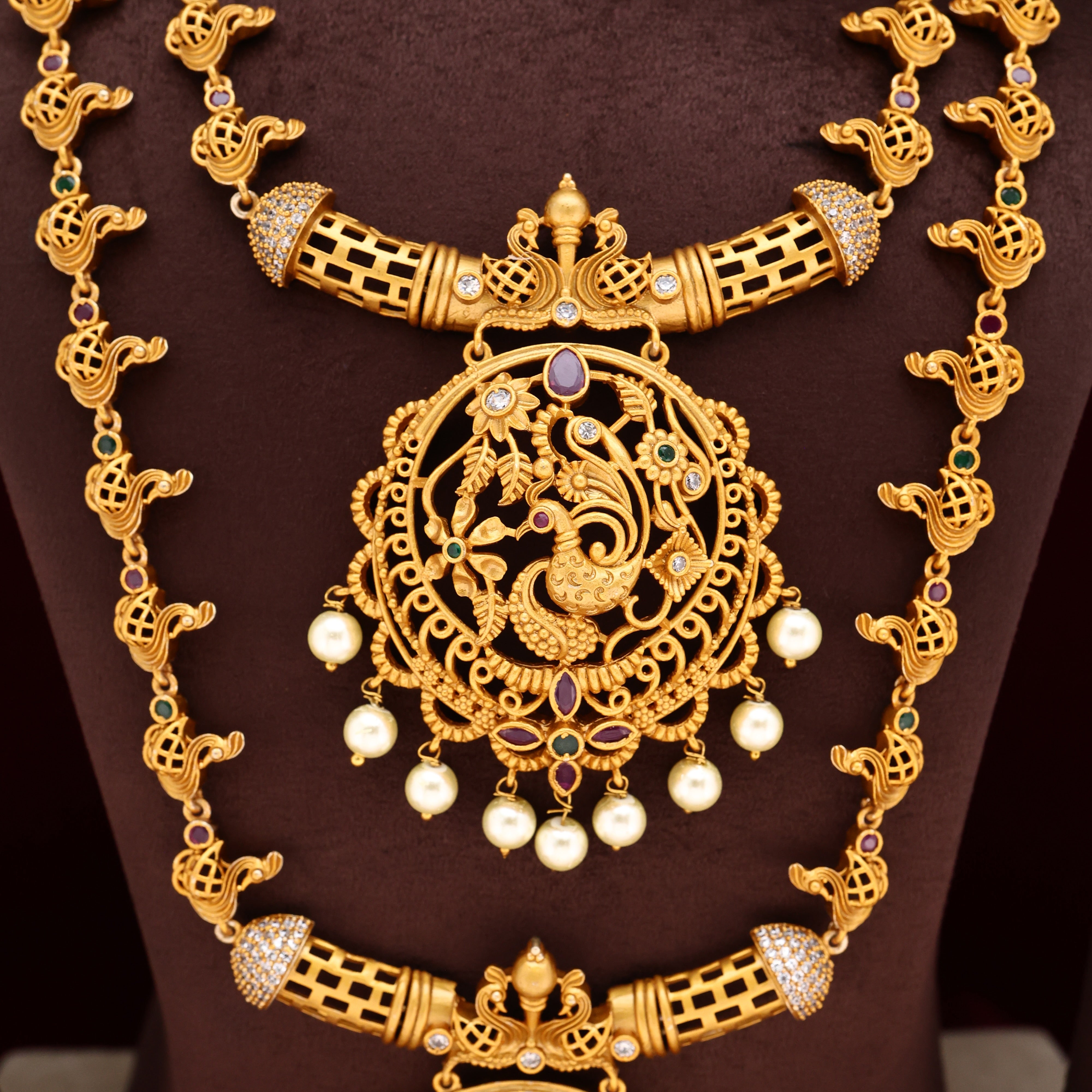 DESIGNER PEACOCK & SWANS AD MATTE NECKLACE COMBO SET - LONG & SHORT