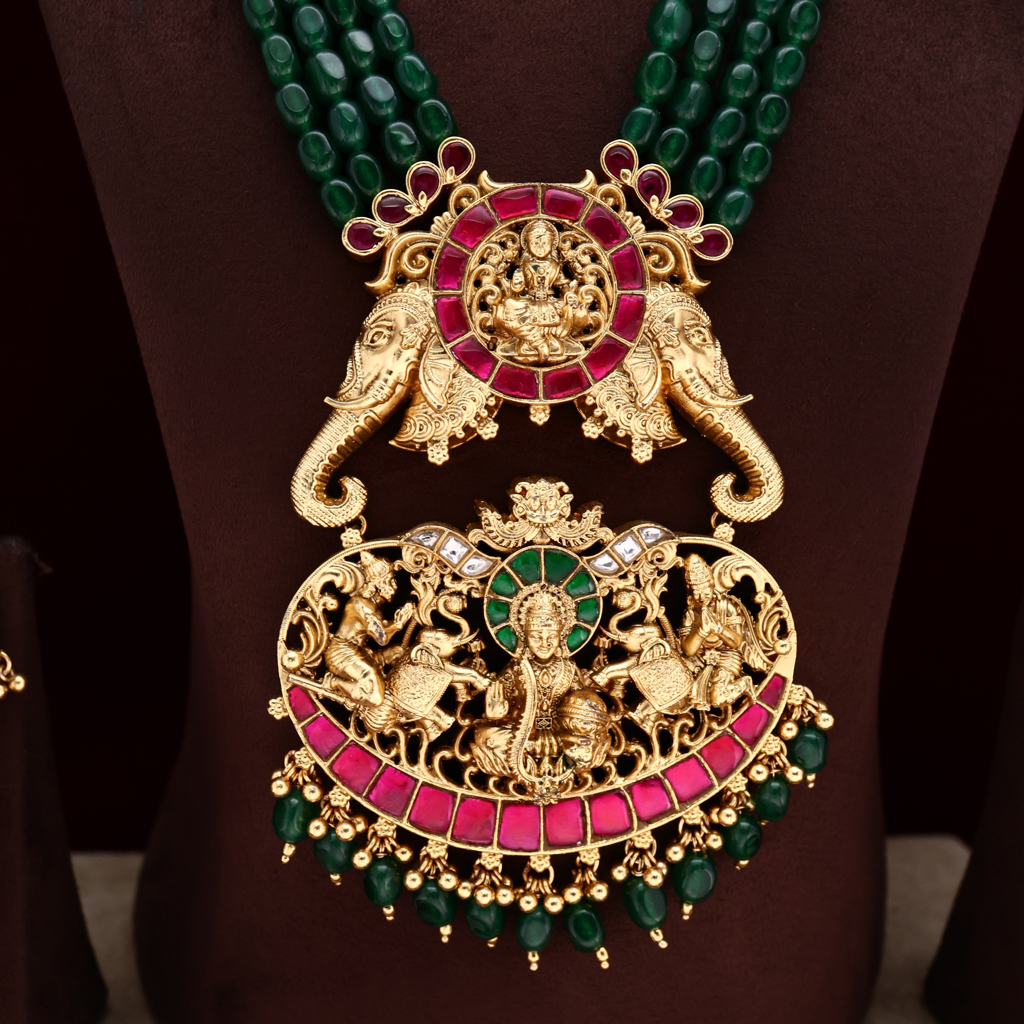 ANTIQUE NAGAS JADAU KUNDAN GAJALAKSHMI 4 LINE BEADS BRIDAL HAARAM