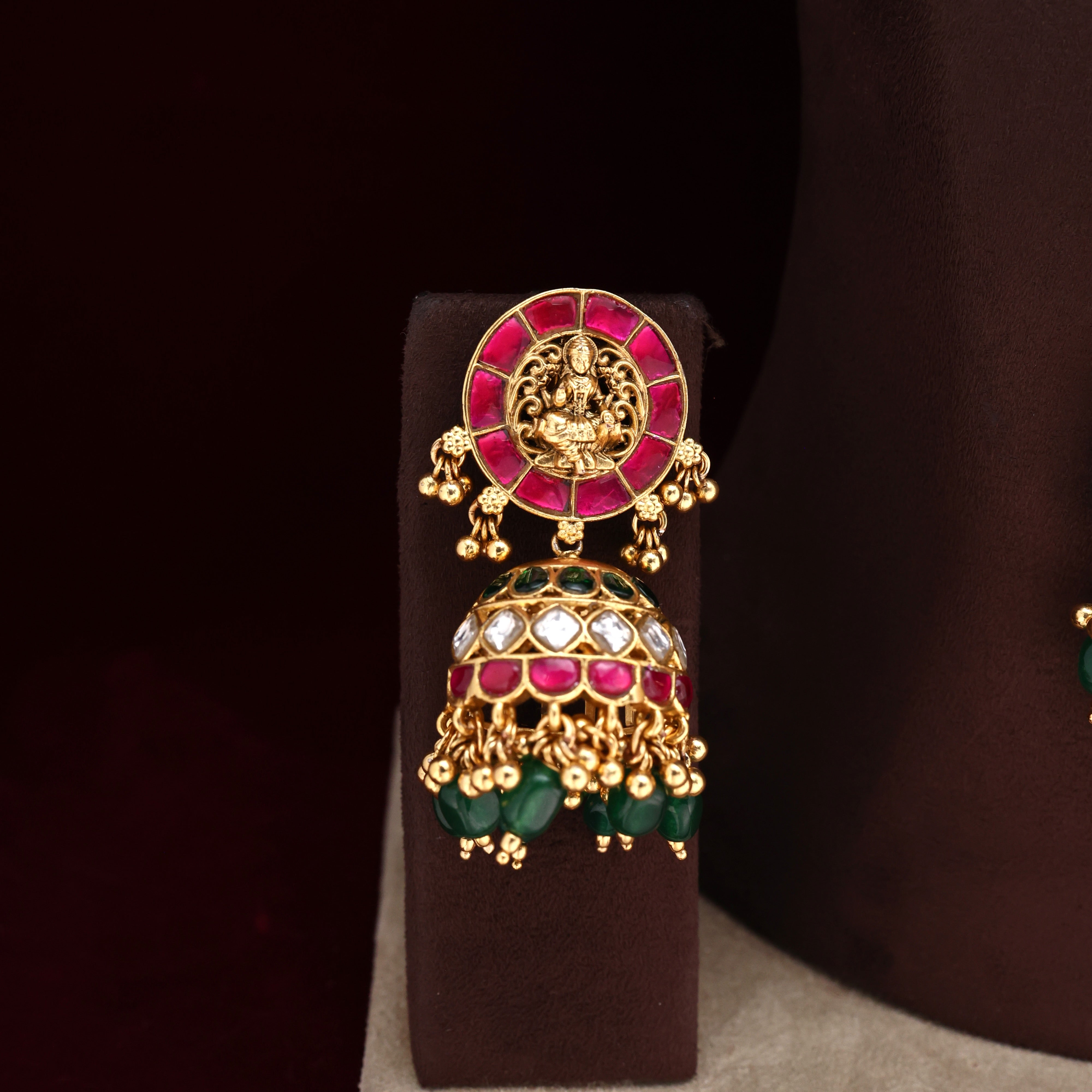 ANTIQUE NAGAS JADAU KUNDAN GAJALAKSHMI 4 LINE BEADS BRIDAL HAARAM