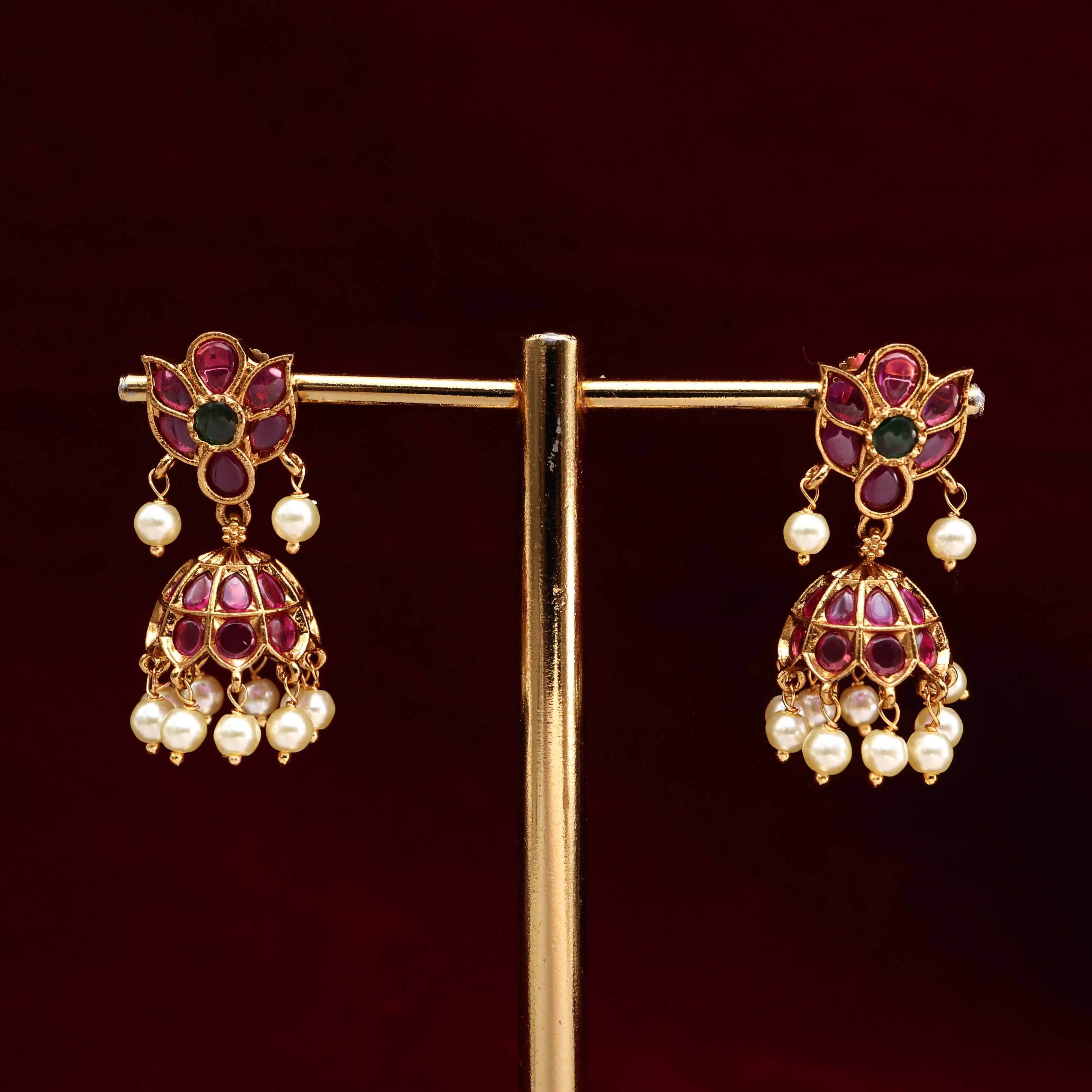 Cute Flower Kemp Jhumkas - Ruby