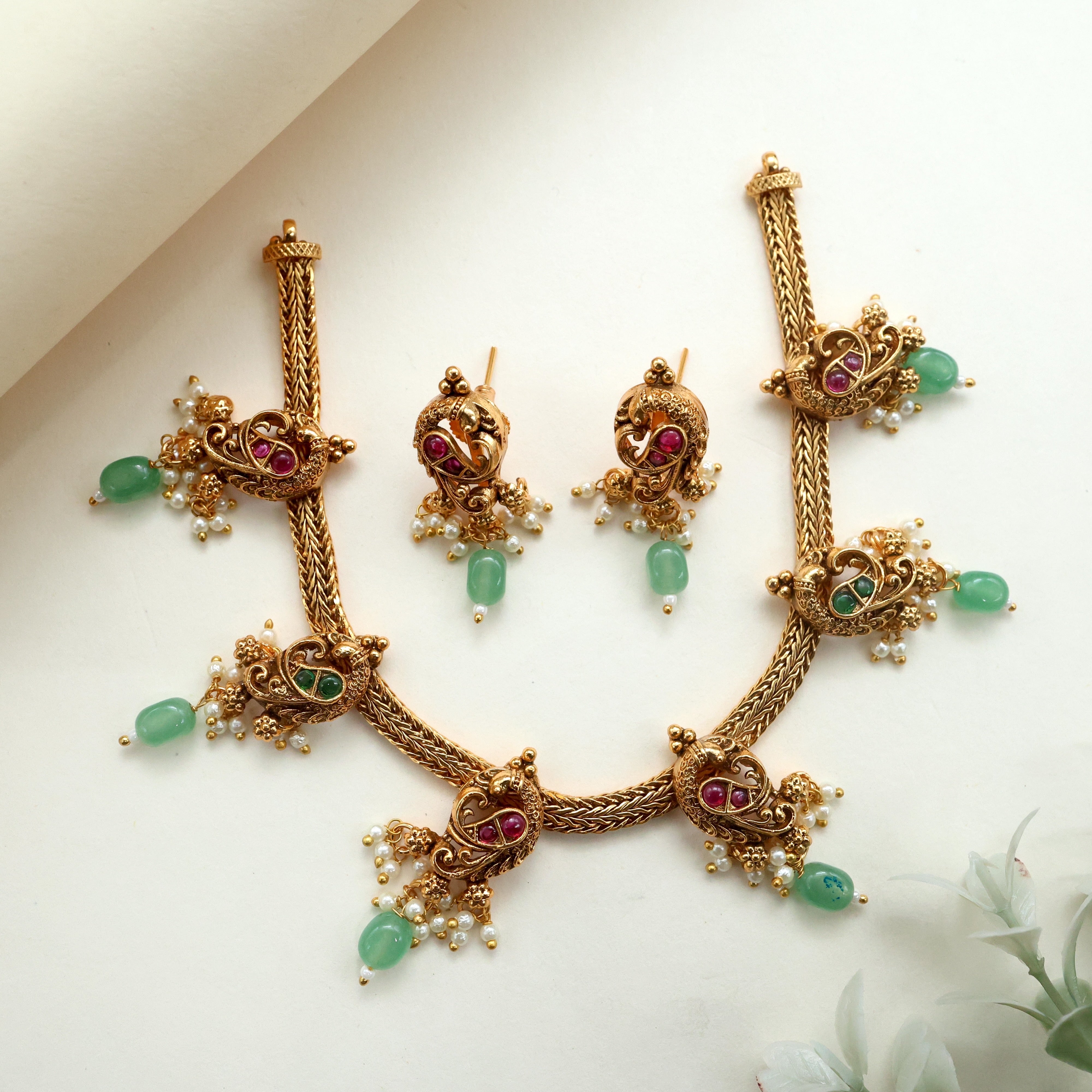 Antique Nagas Premium Kemp Peacock Necklace Set