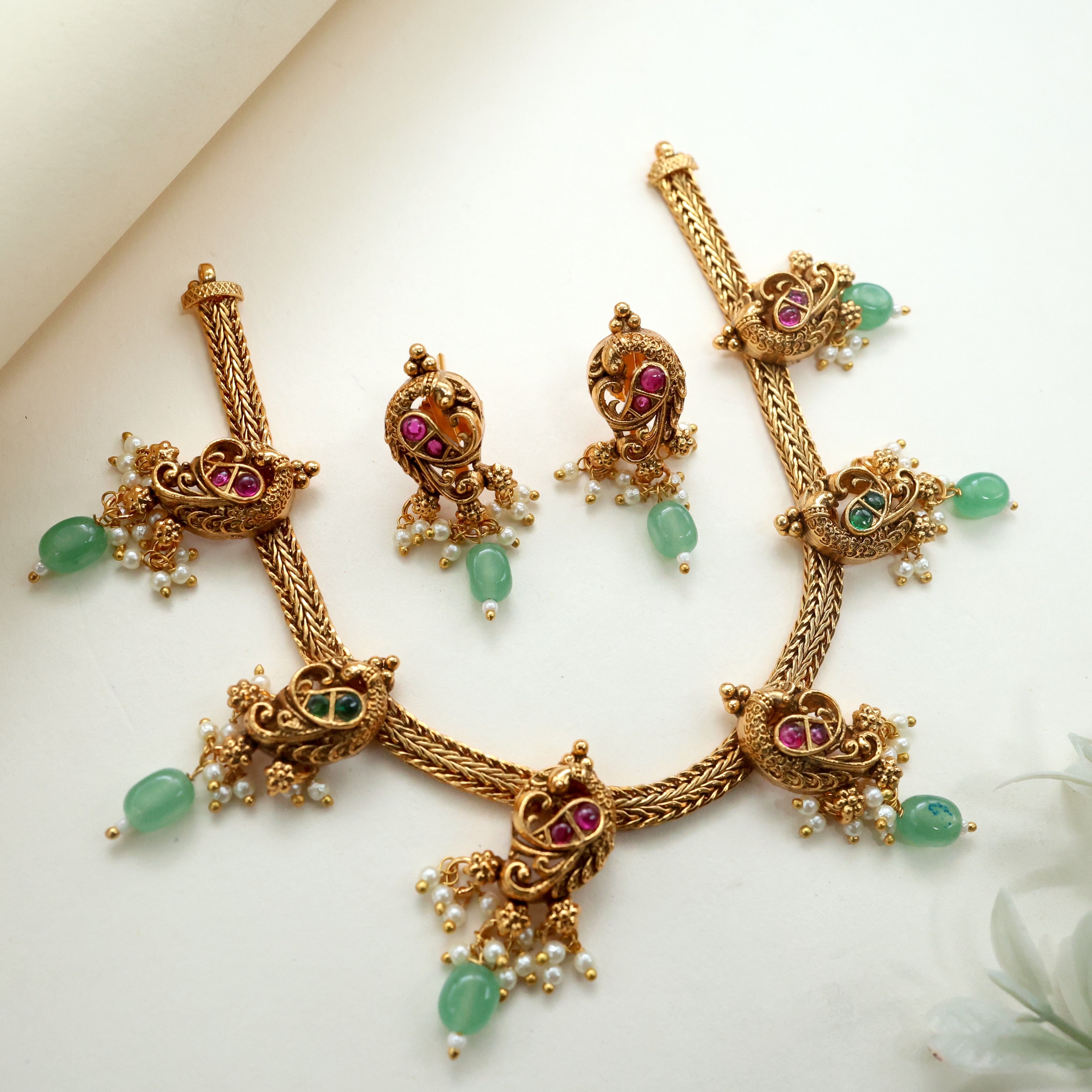 Antique Nagas Premium Kemp Peacock Necklace Set