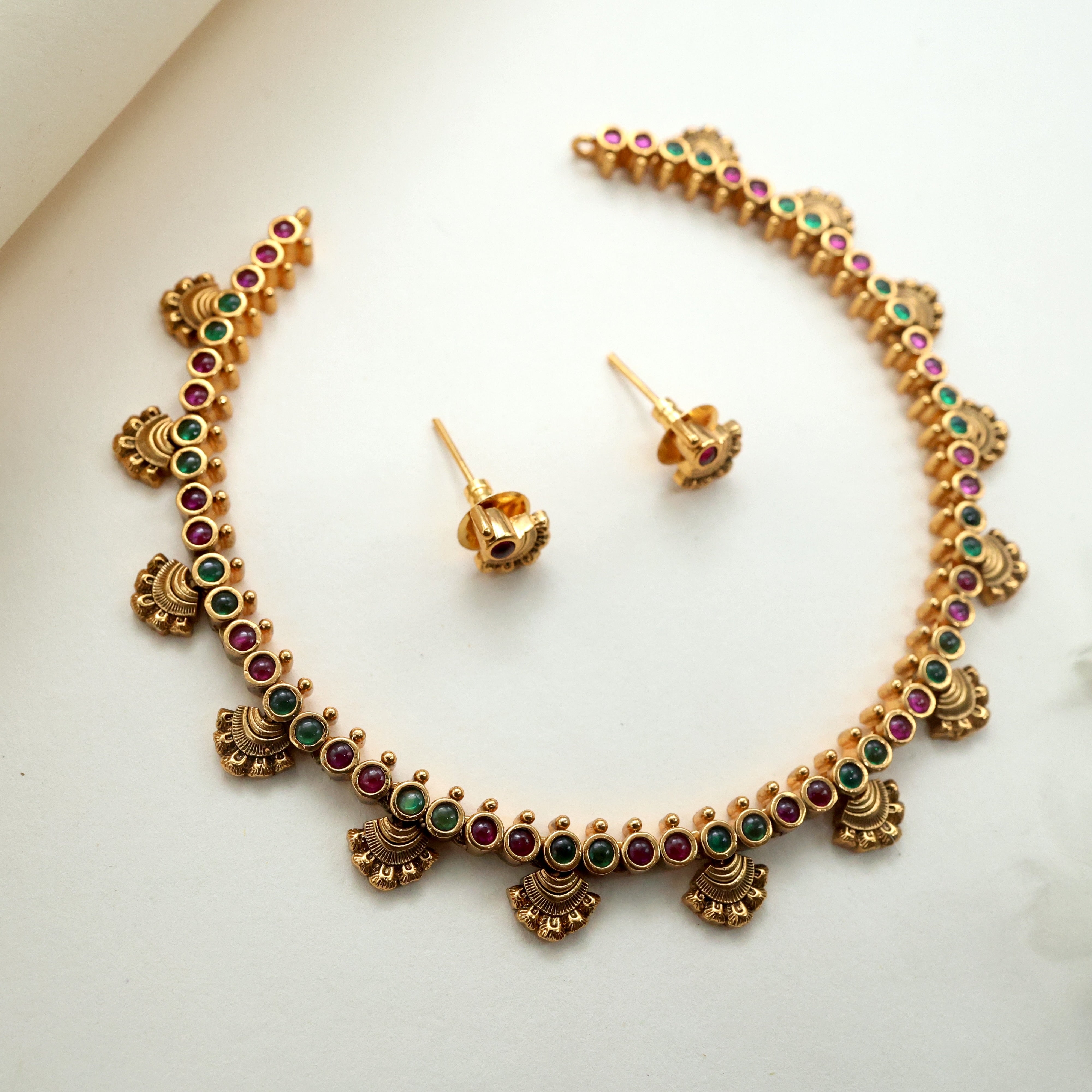 Antique Gold Sleek Kemp Button Half Jhumka Necklace