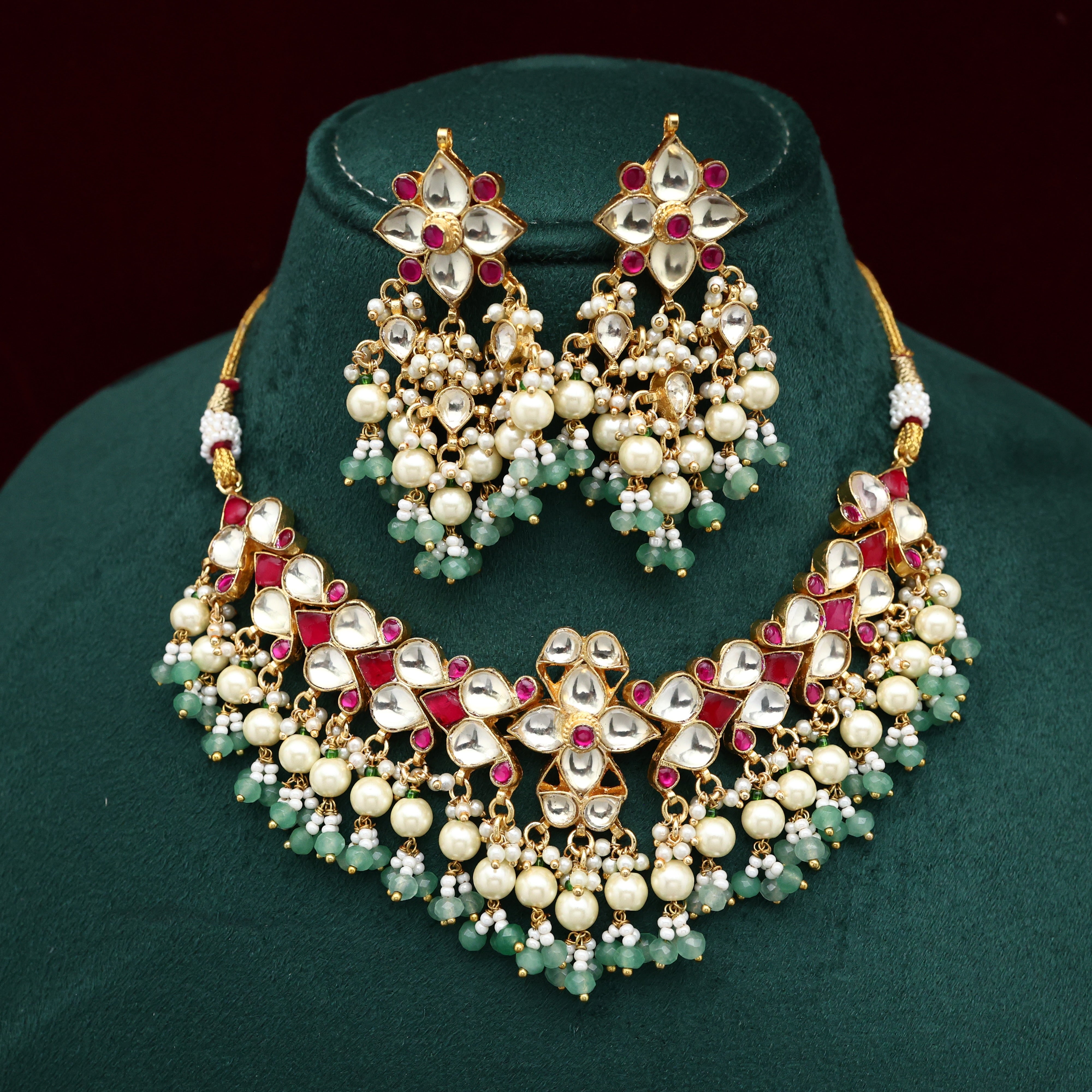Premium Pachi Kundan Double Line Pearl Drops Bridal Necklace Set