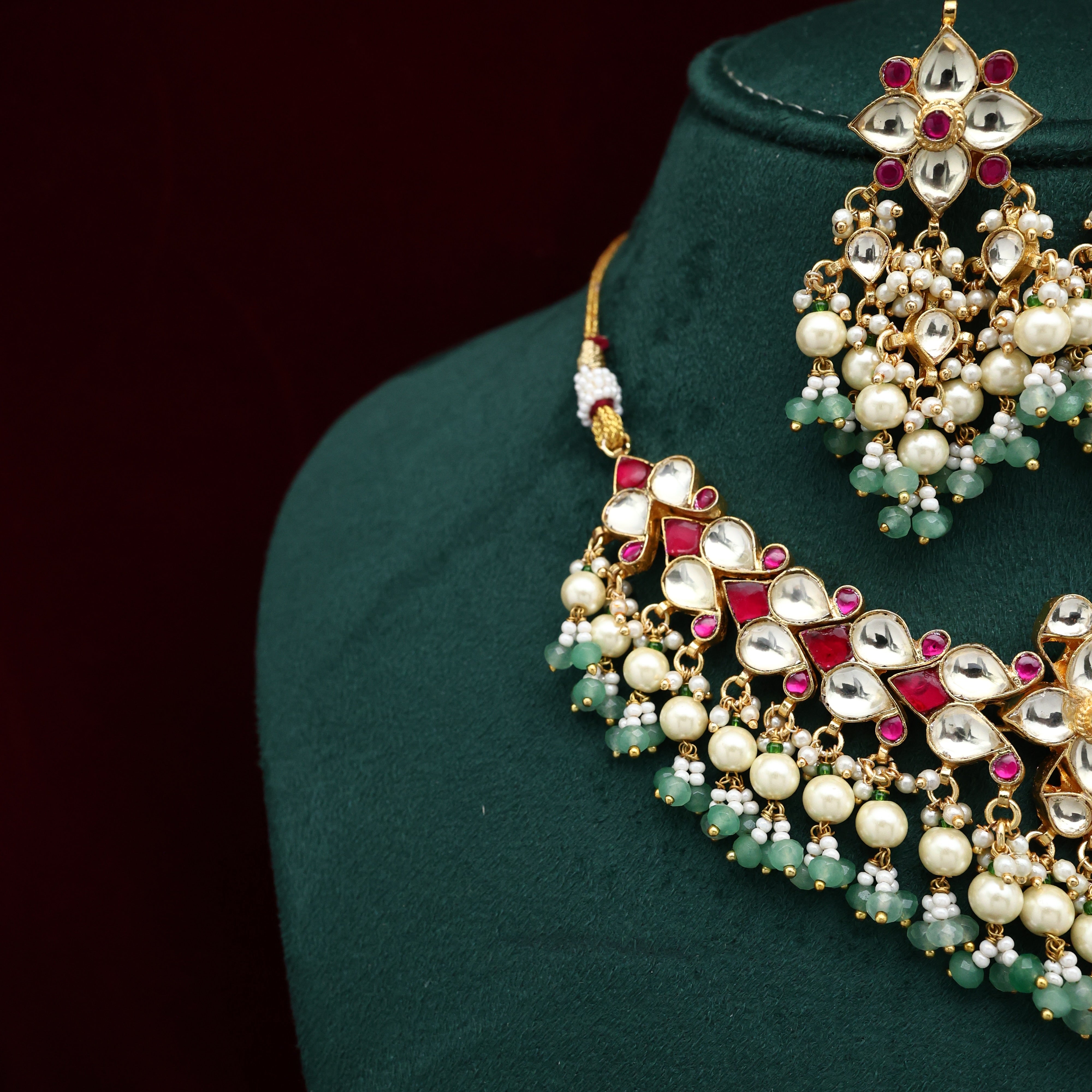 Premium Pachi Kundan Double Line Pearl Drops Bridal Necklace Set