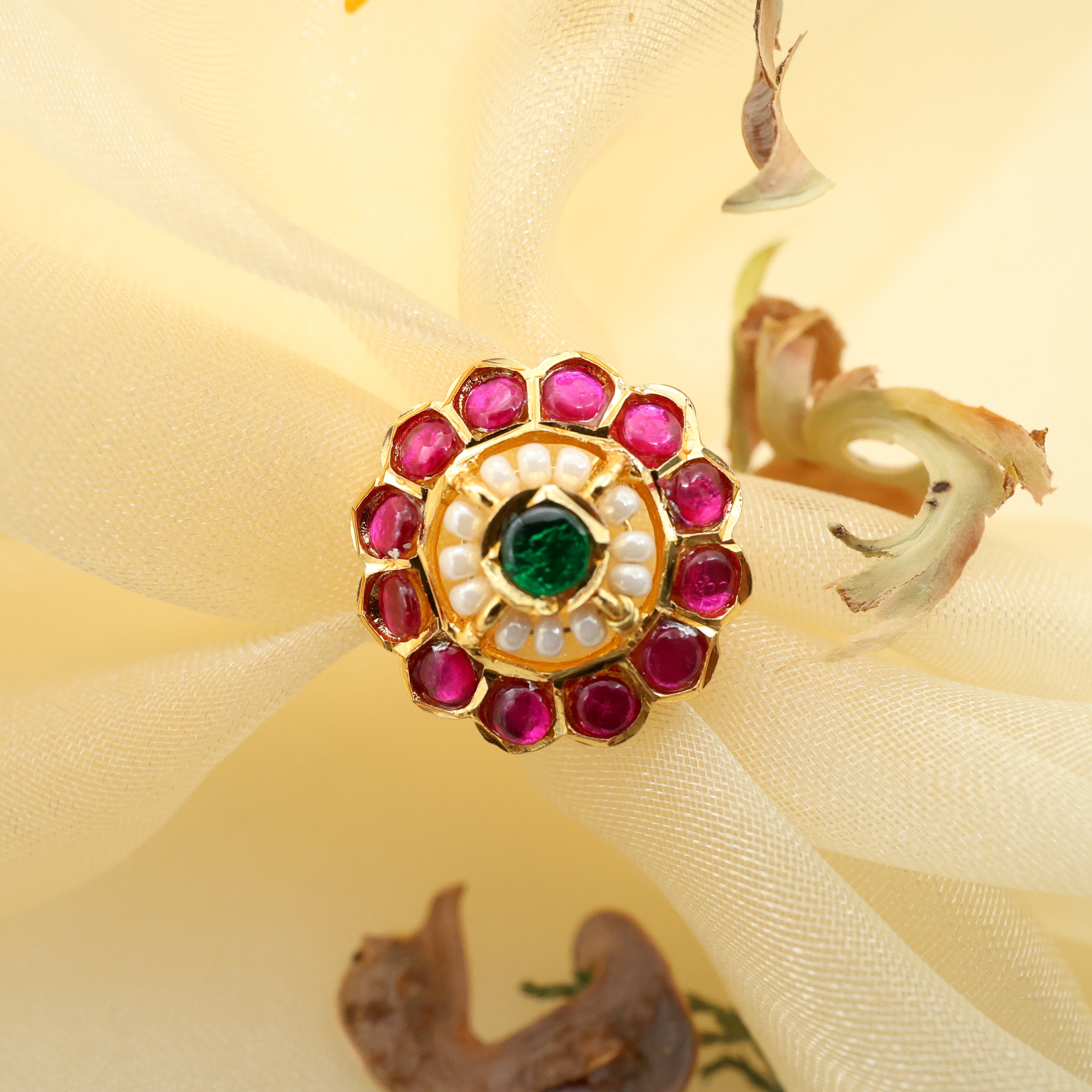 Real Gold Look Jadau Kundan Round Flower Bridal Finger Ring - Adjustable Size