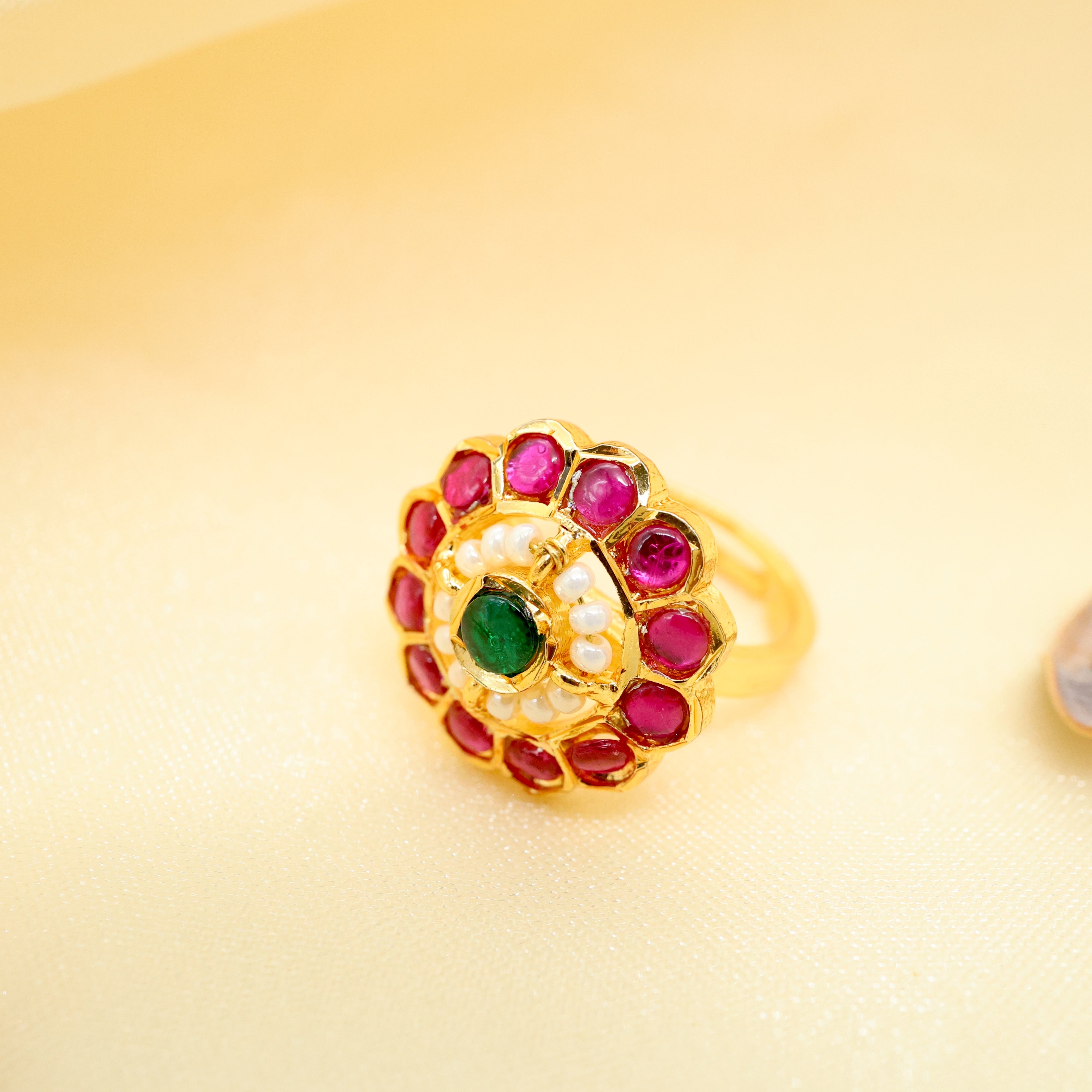 Real Gold Look Jadau Kundan Round Flower Bridal Finger Ring - Adjustable Size