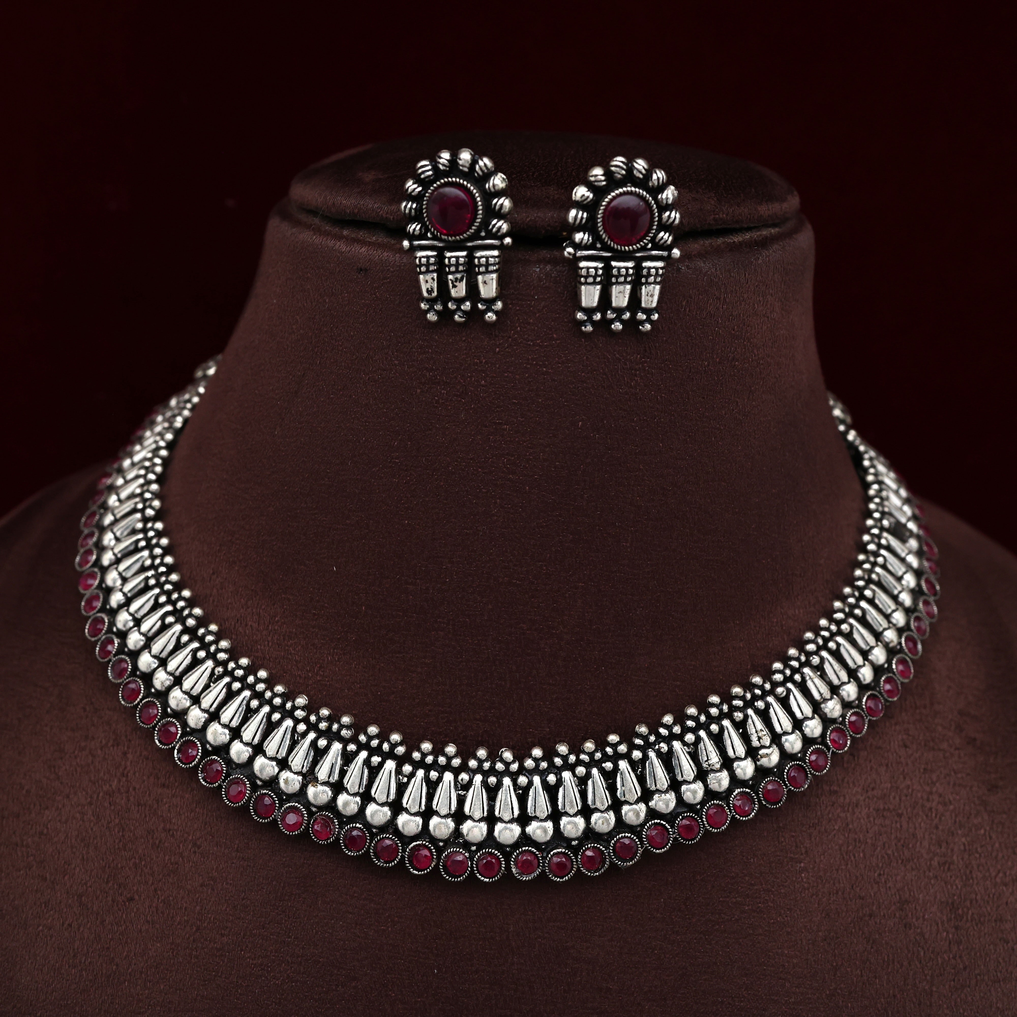 Antique Silver Look Flower Bud Necklace Set