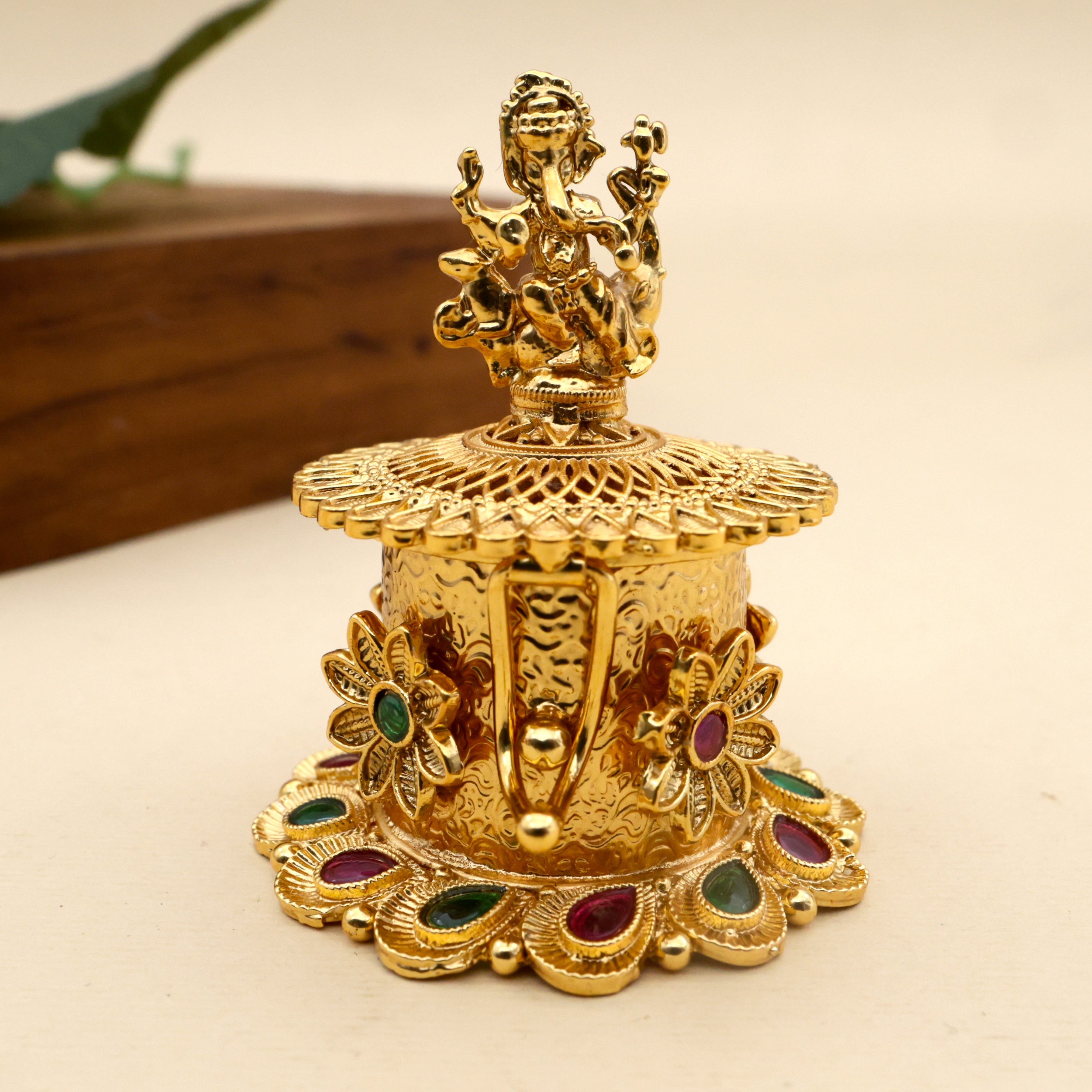 Antique Gold Dancing Ganesha Haldi/Kumkum Box - Sindoor Dabbi