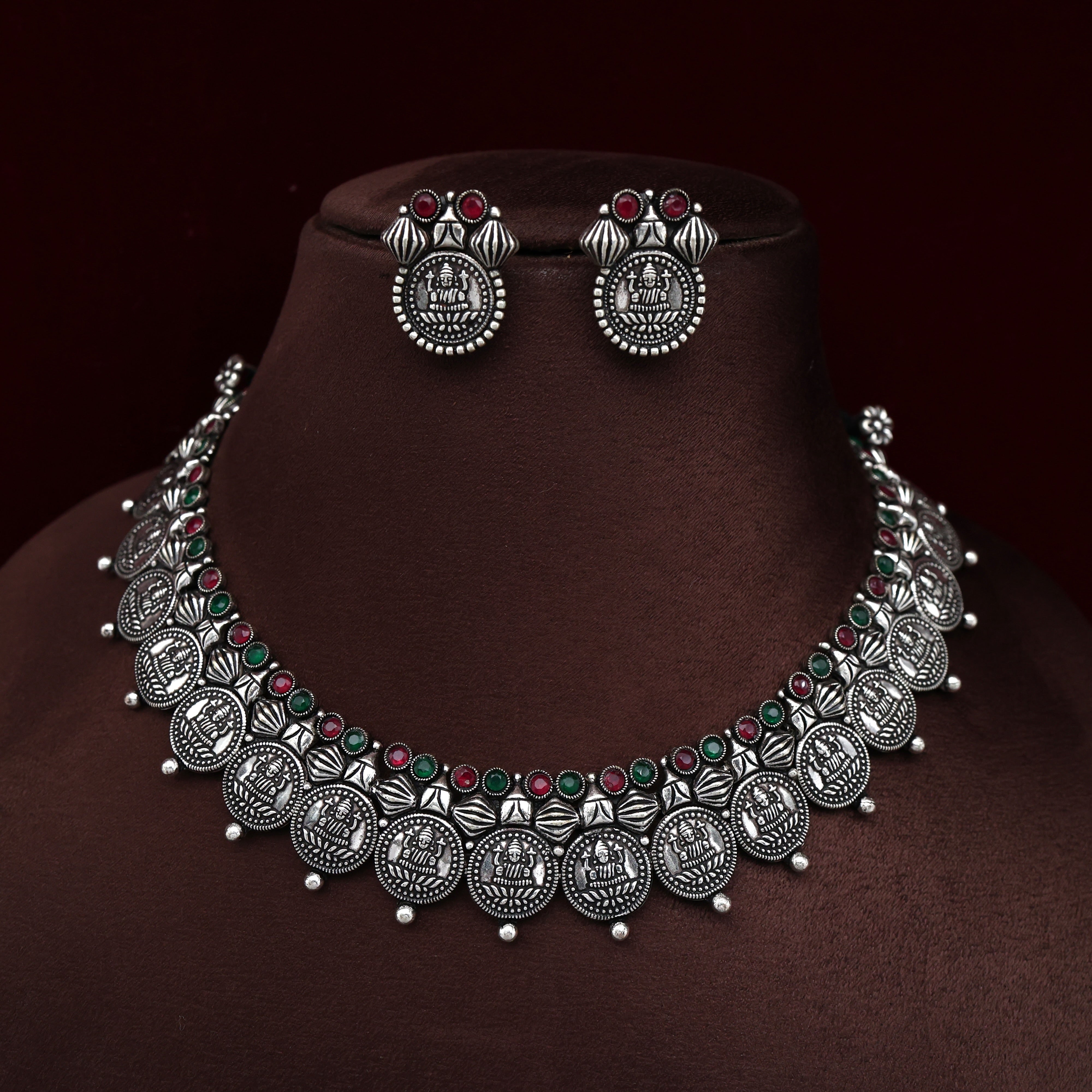 Antique Silver Look Kolhapuri Lakshmi Devi Coin Bridal Necklace Set