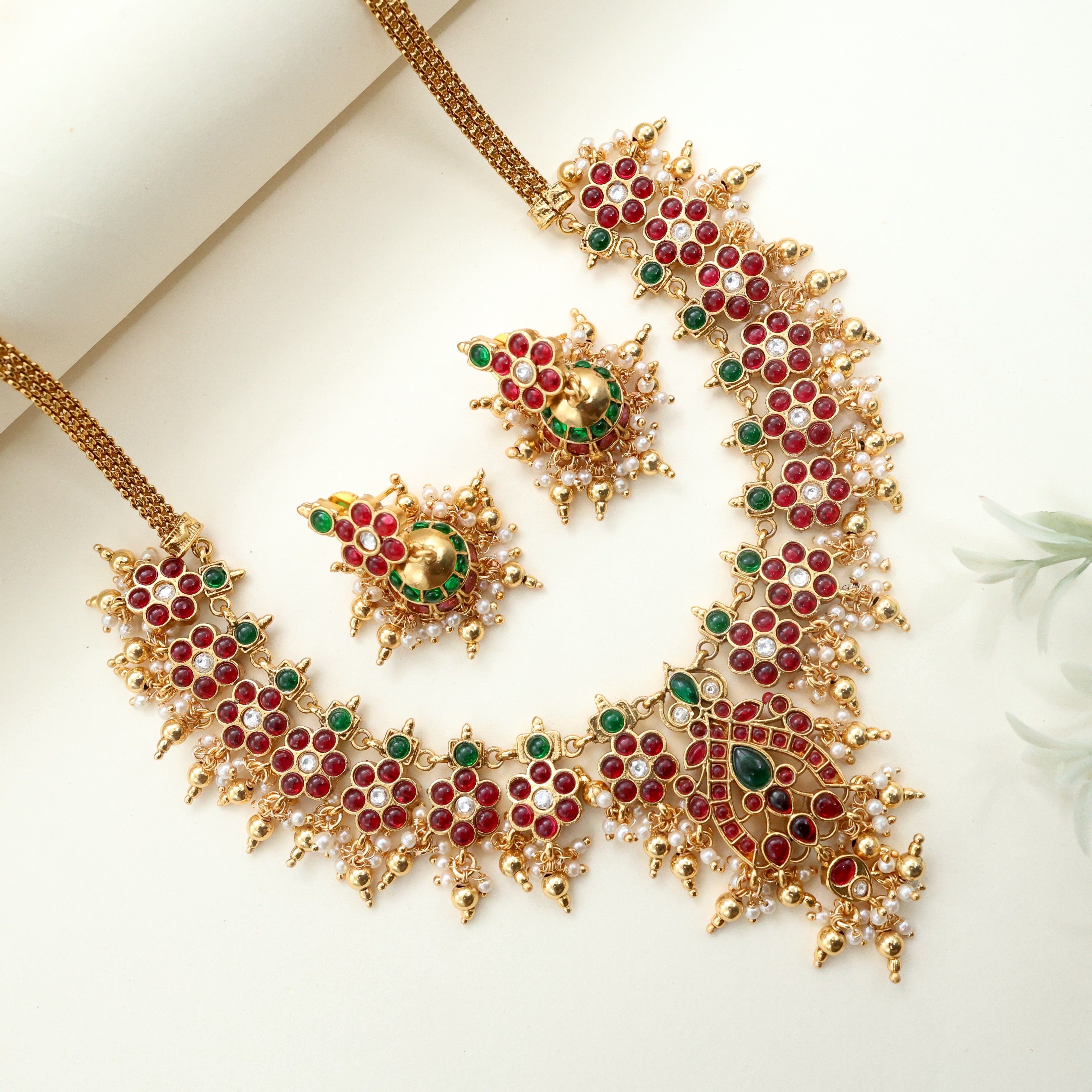 Antique Gold Premium Kemp Flower Reversible Bridal Necklace