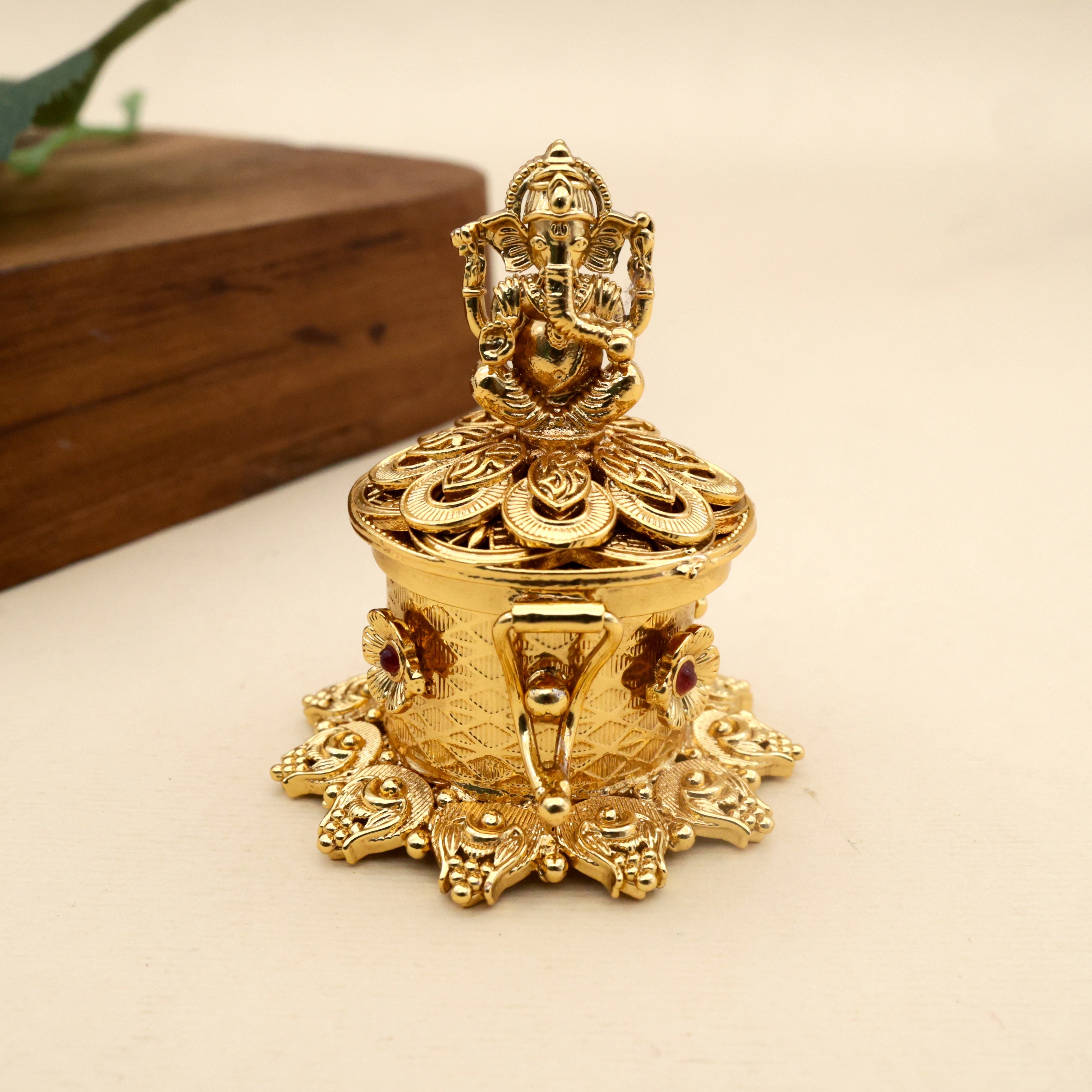 Antique Gold Ganesha on Flower Haldi/Kumum Box - Sindoor Dabbi